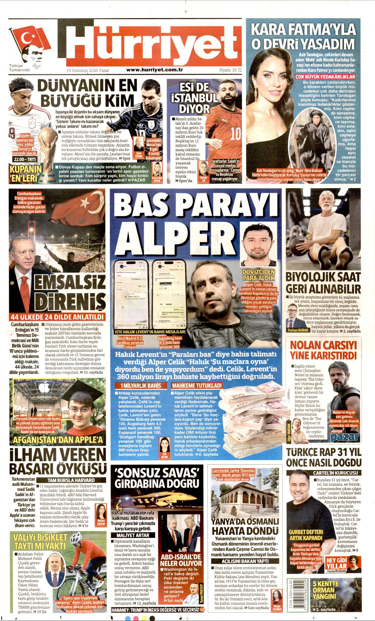 HÜRRİYET gazetesinin 19 Temmuz 2026 tarihli birinci sayfası
