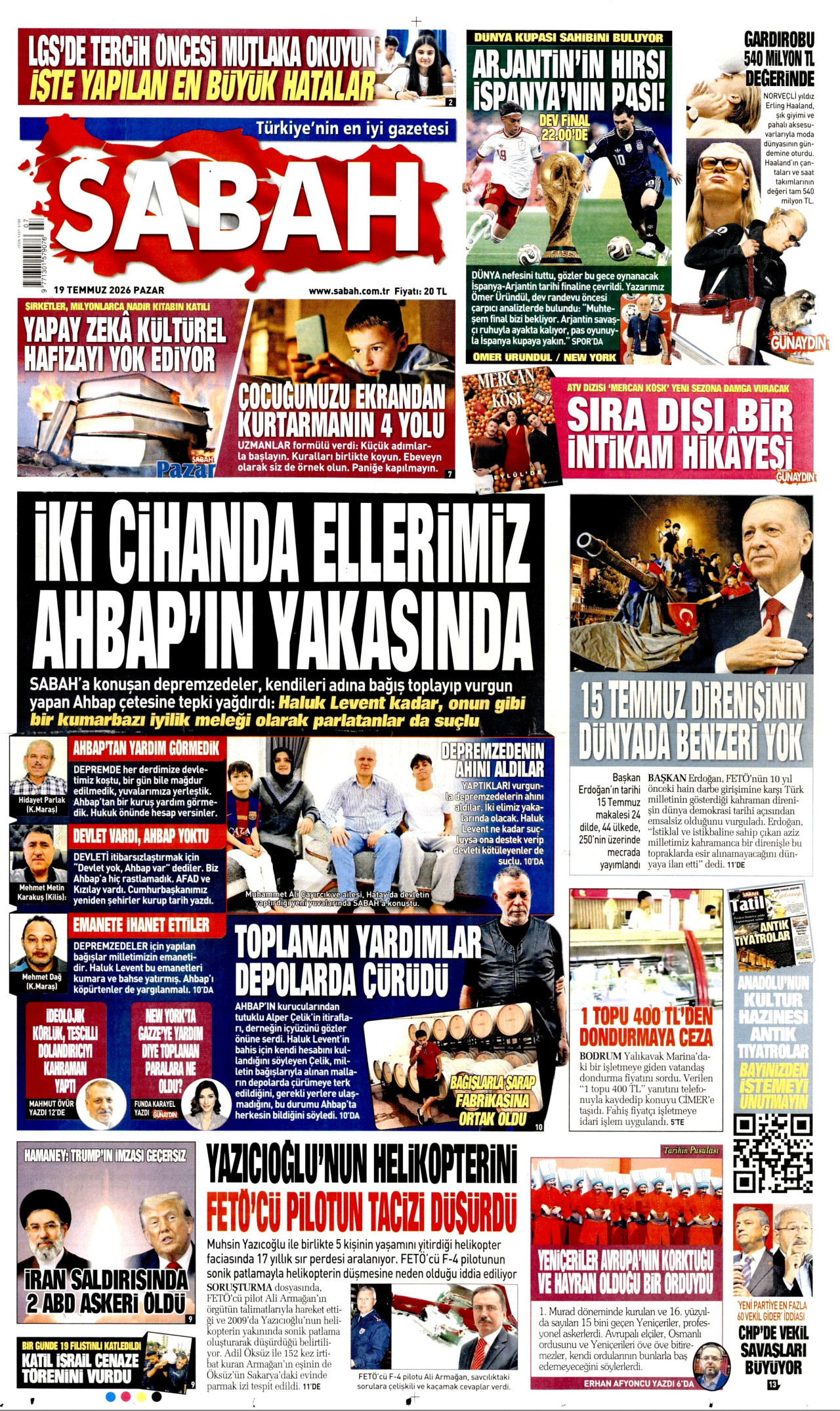 SABAH gazetesinin 19 Temmuz 2026 tarihli birinci sayfası