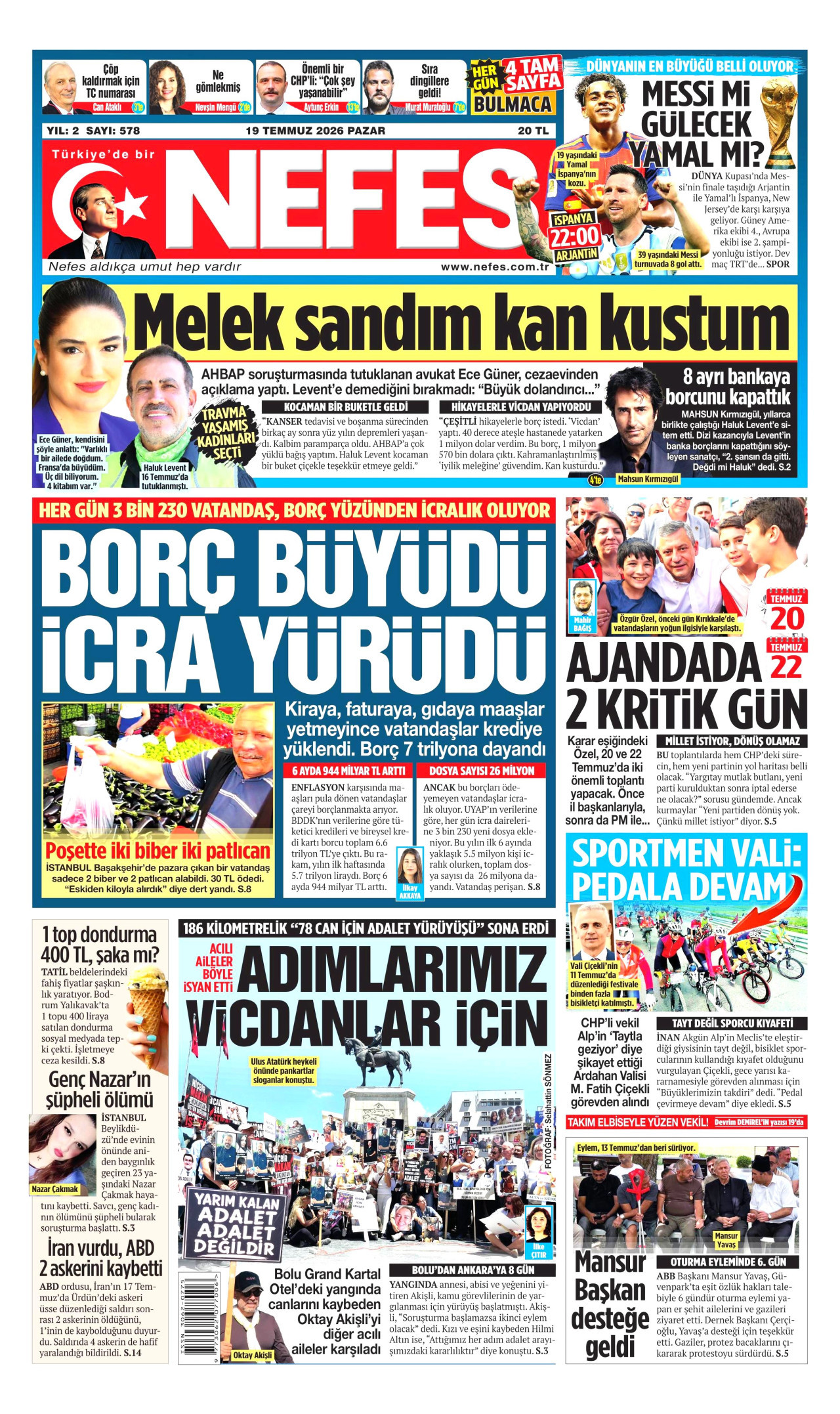 NEFES gazetesinin 19 Temmuz 2026 tarihli birinci sayfası