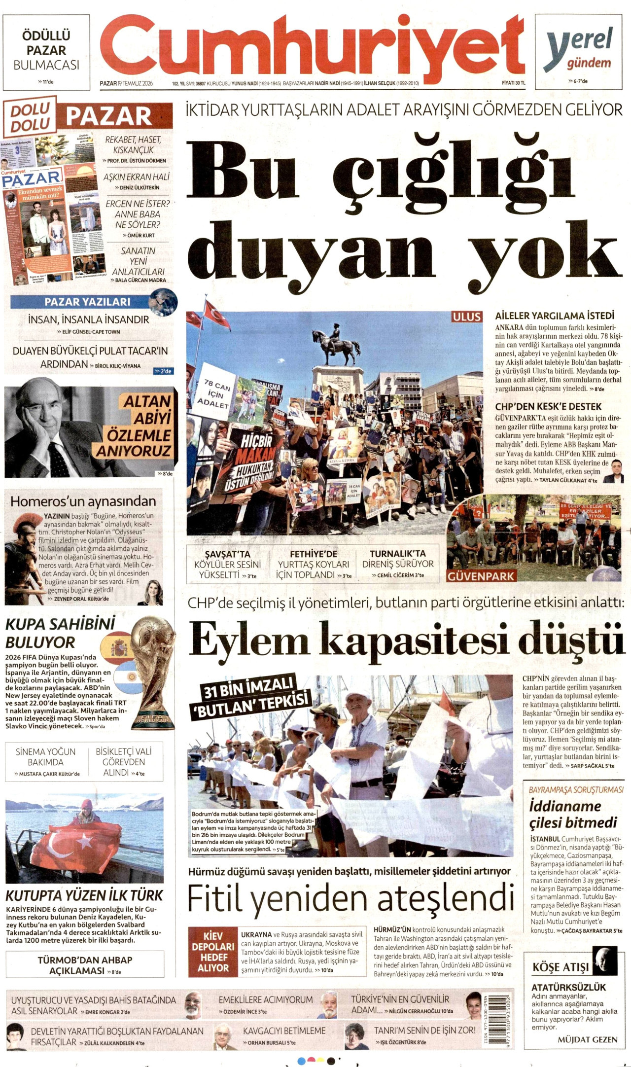 CUMHURİYET gazetesinin 19 Temmuz 2026 tarihli birinci sayfası