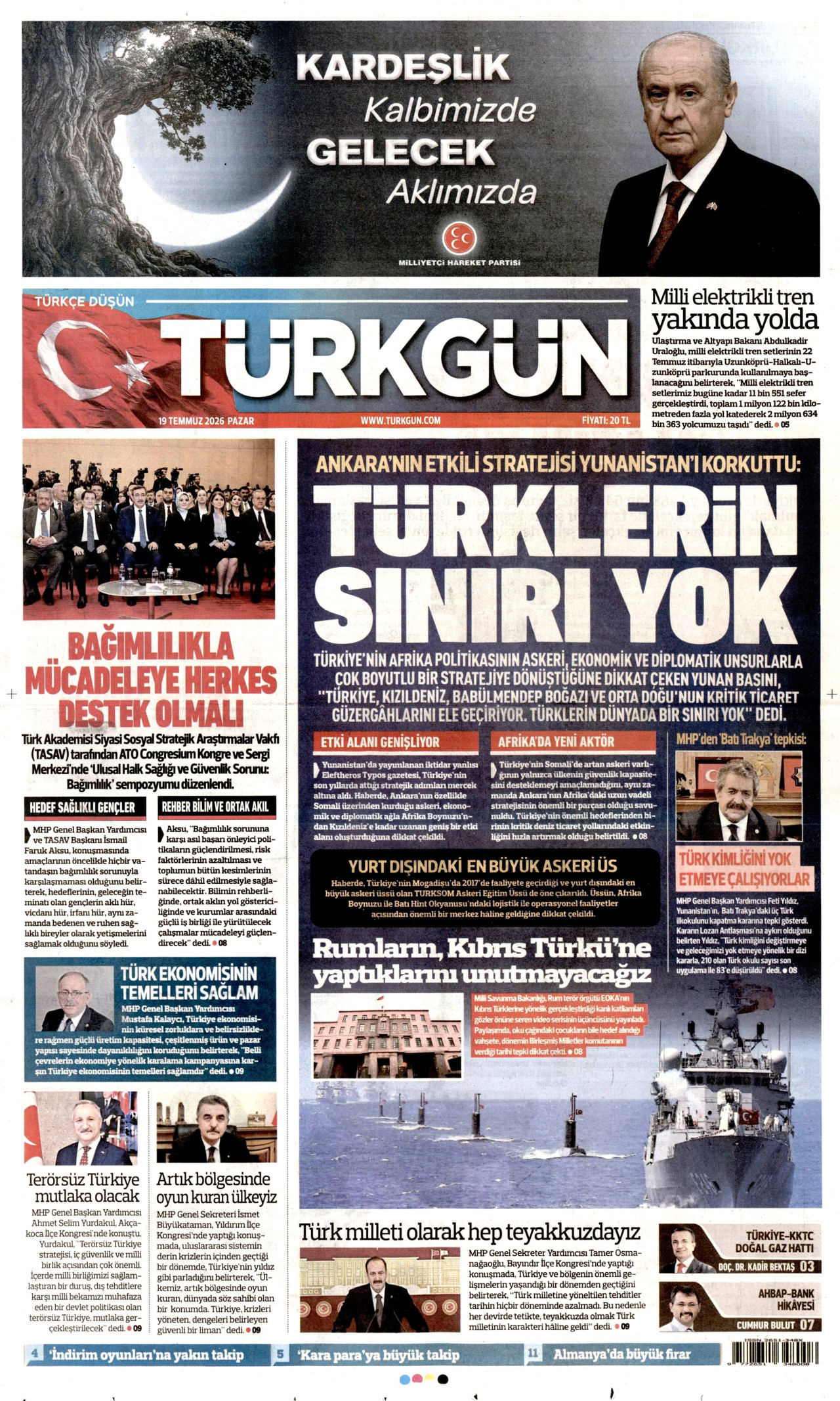TÜRKGÜN gazetesinin 19 Temmuz 2026 tarihli birinci sayfası