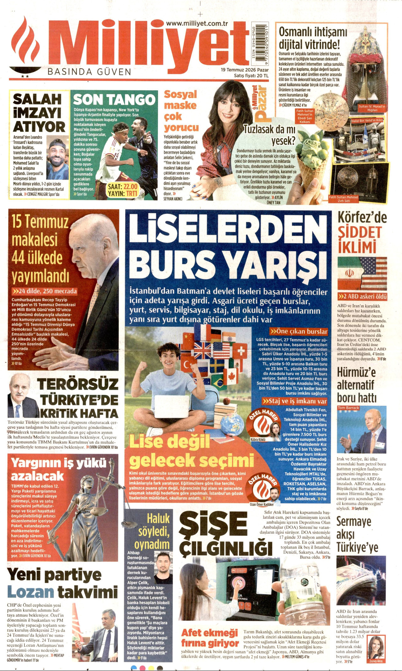 MİLLİYET gazetesinin 19 Temmuz 2026 tarihli birinci sayfası