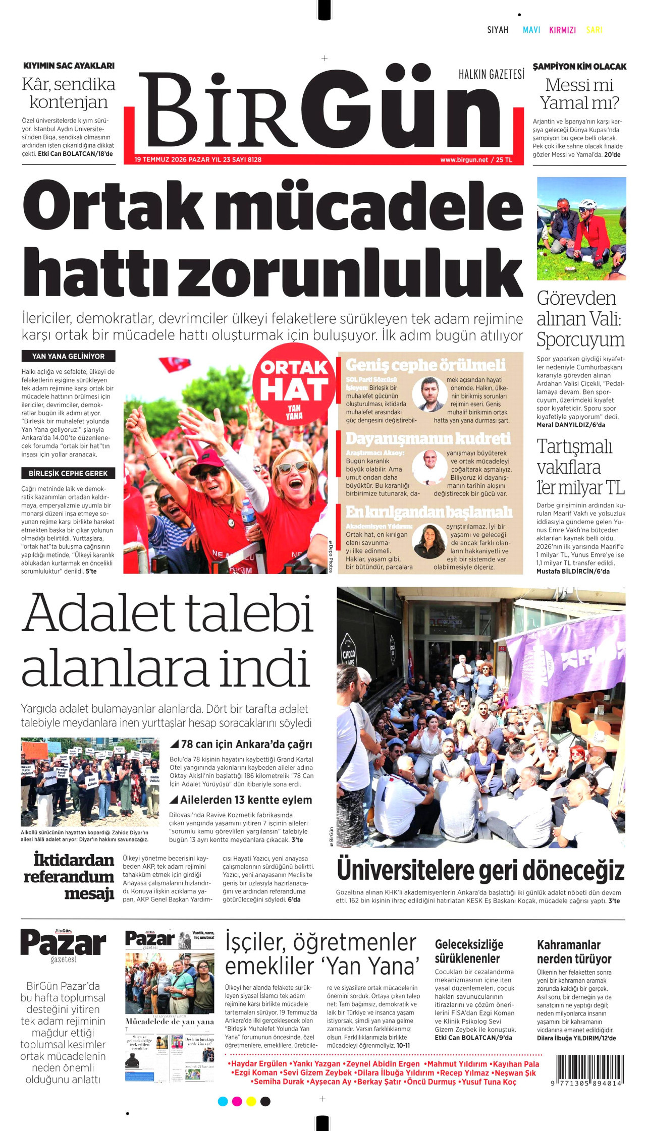 BİRGÜN gazetesinin 19 Temmuz 2026 tarihli birinci sayfası