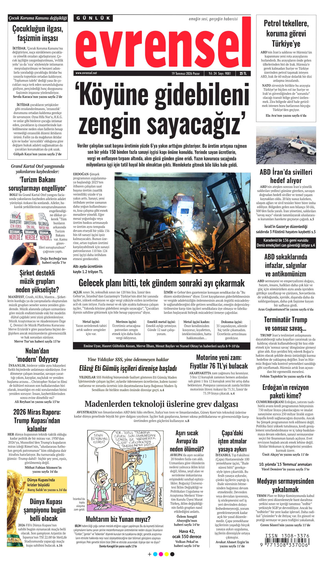 EVRENSEL gazetesinin 19 Temmuz 2026 tarihli birinci sayfası