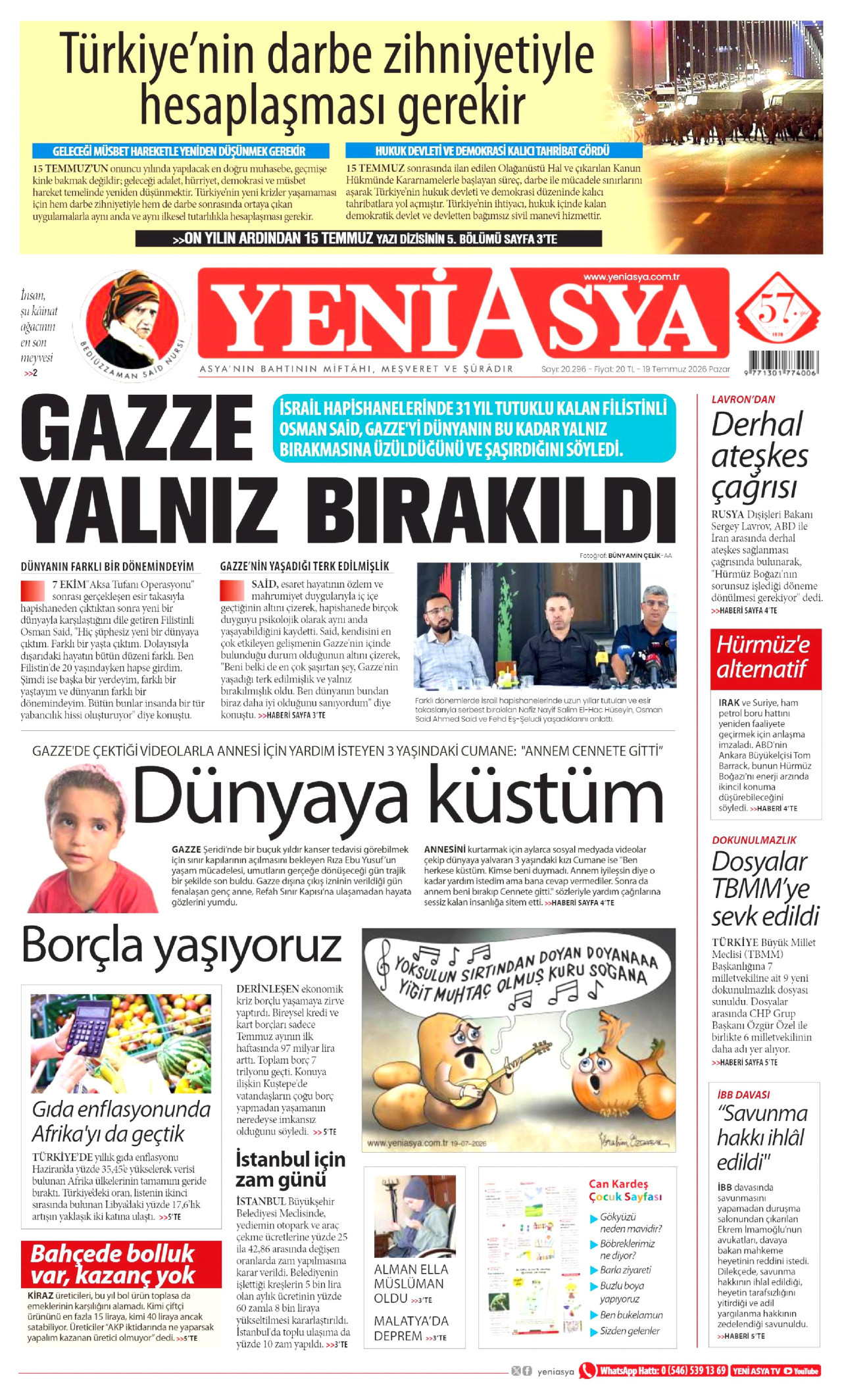 YENİ ASYA gazetesinin 19 Temmuz 2026 tarihli birinci sayfası