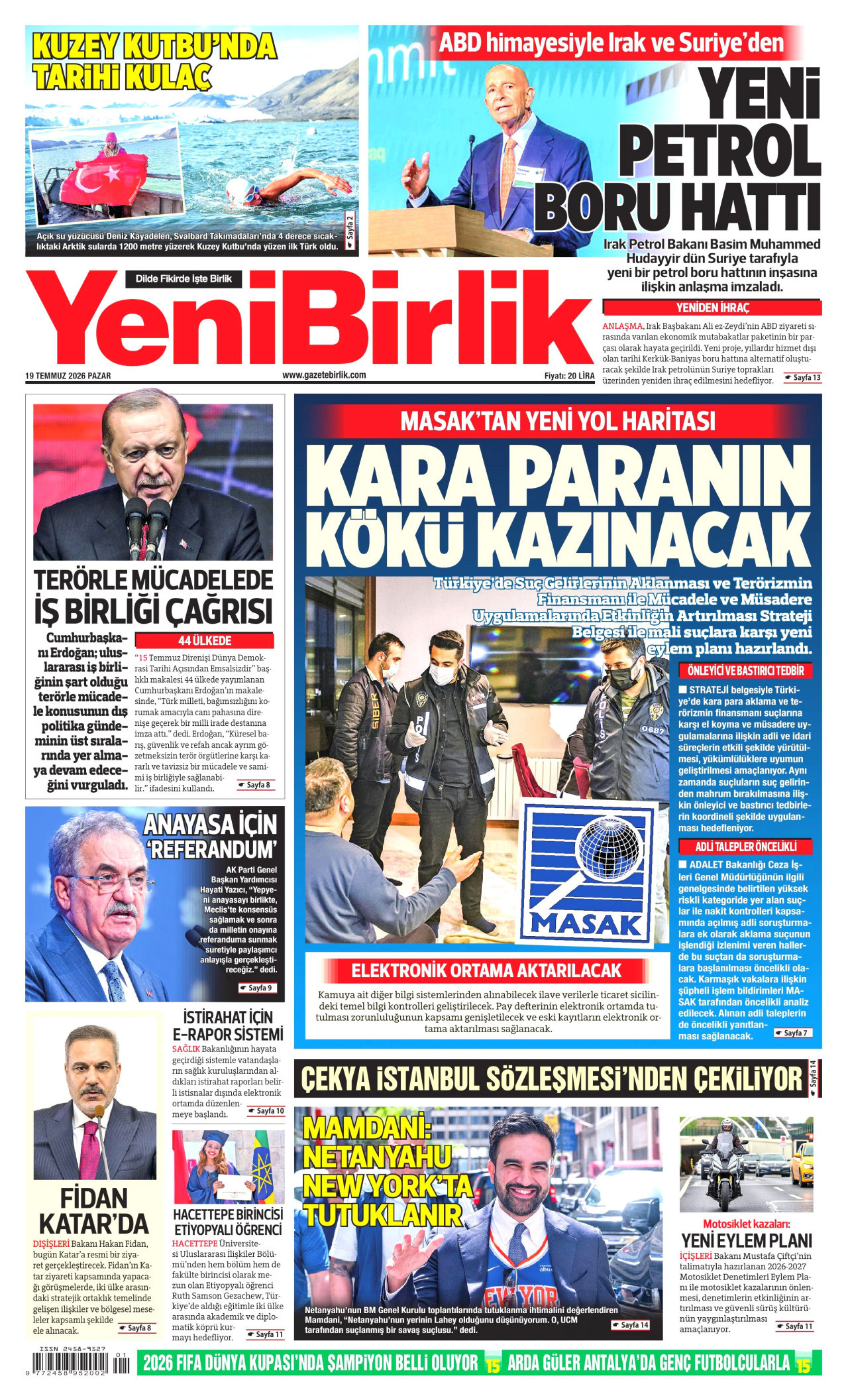 YENİBİRLİK gazetesinin 19 Temmuz 2026 tarihli birinci sayfası