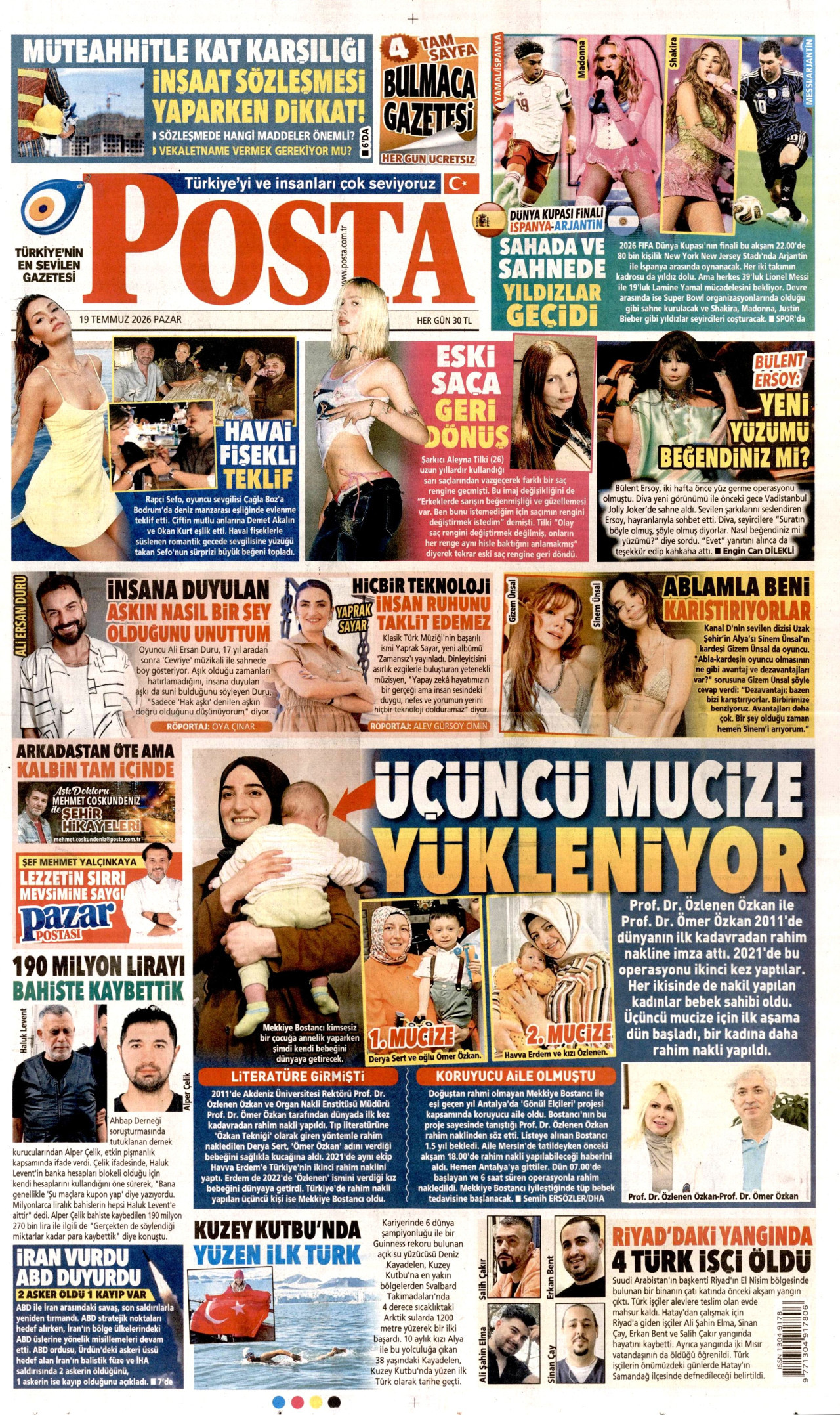 POSTA gazetesinin 19 Temmuz 2026 tarihli birinci sayfası