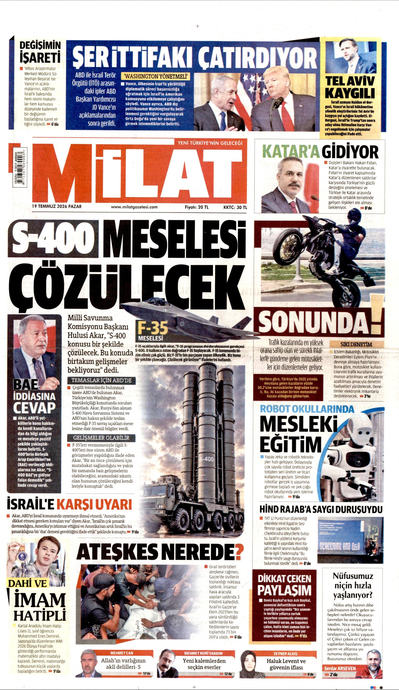MİLAT gazetesinin 19 Temmuz 2026 tarihli birinci sayfası