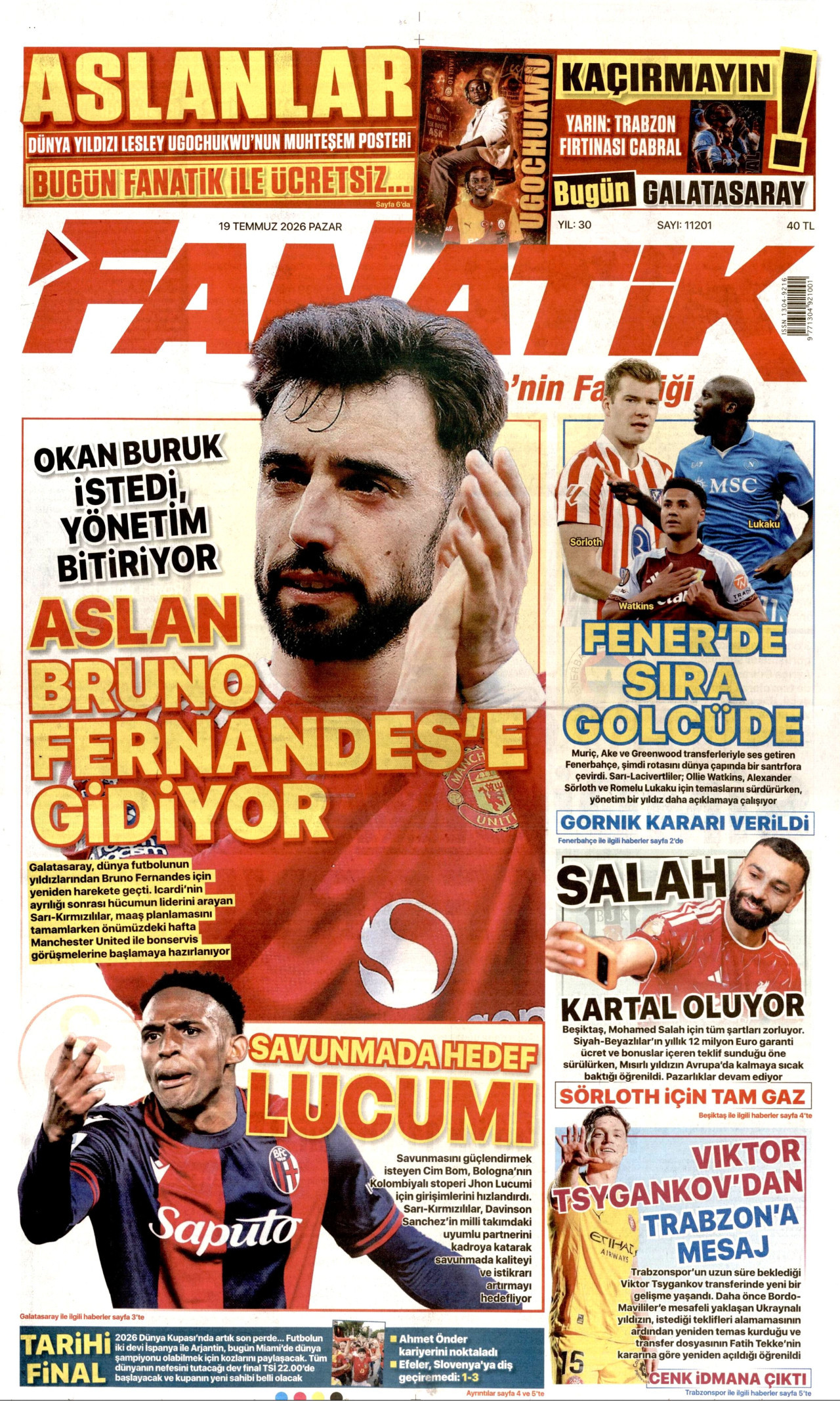 FANATİK gazetesinin 19 Temmuz 2026 tarihli birinci sayfası