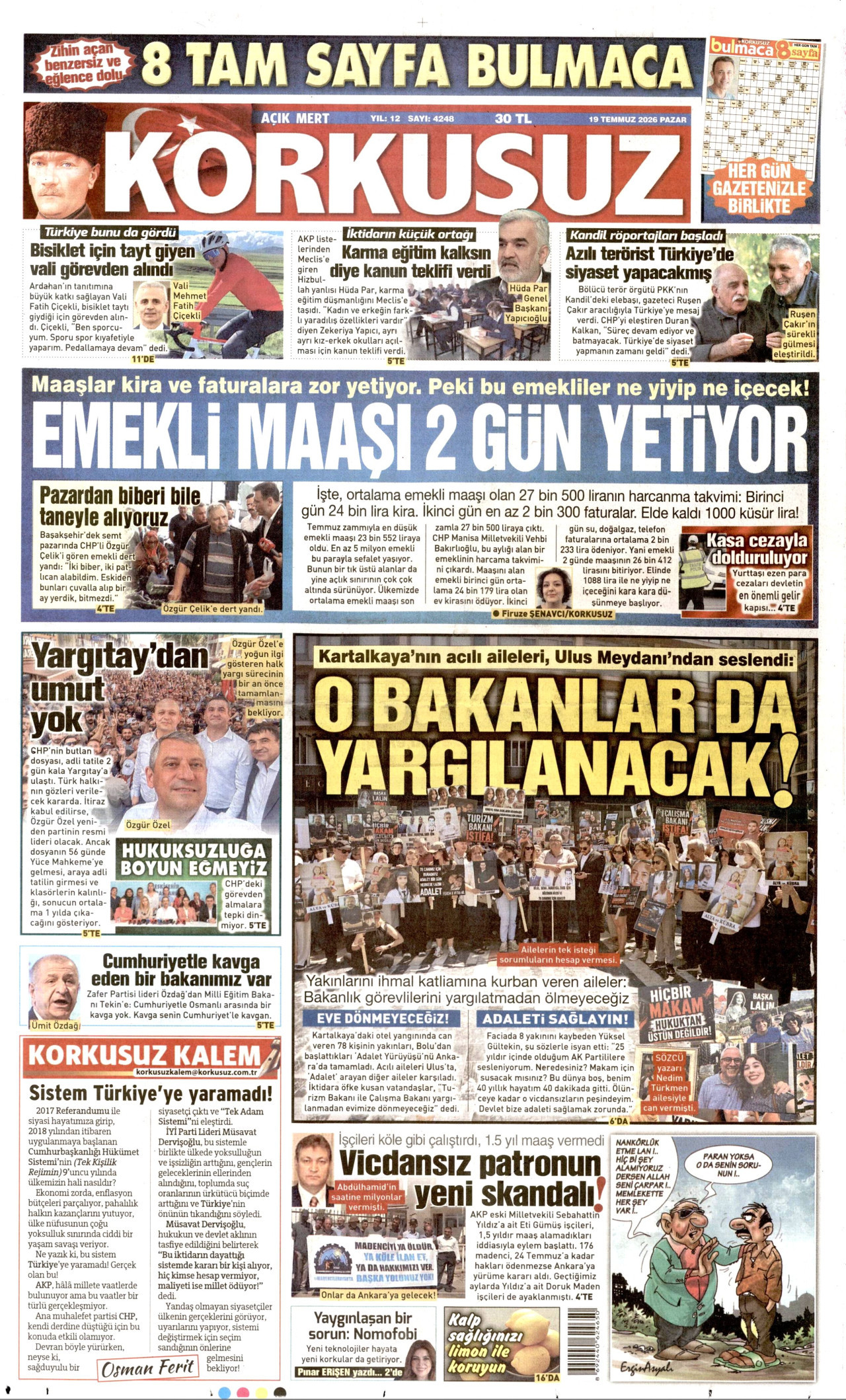 KORKUSUZ gazetesinin 19 Temmuz 2026 tarihli birinci sayfası