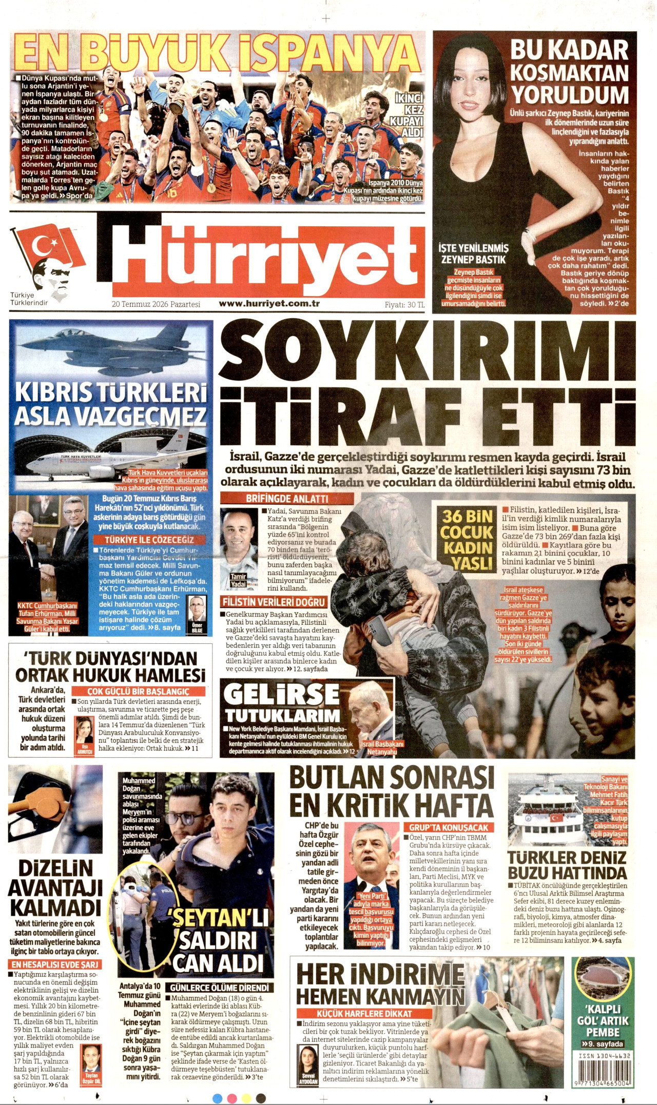 HÜRRİYET gazetesinin 20 Temmuz 2026 tarihli birinci sayfası