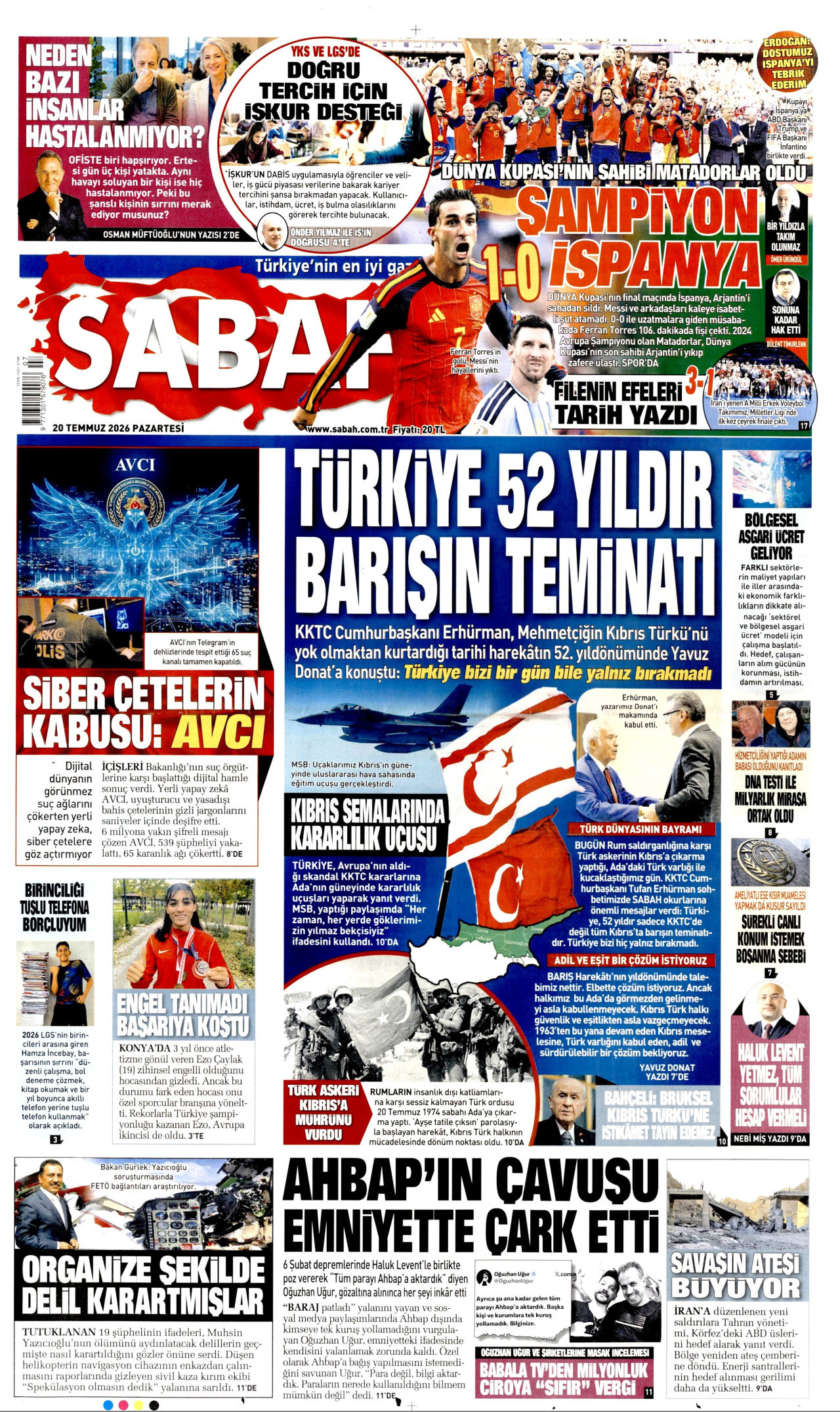 SABAH gazetesinin 20 Temmuz 2026 tarihli birinci sayfası