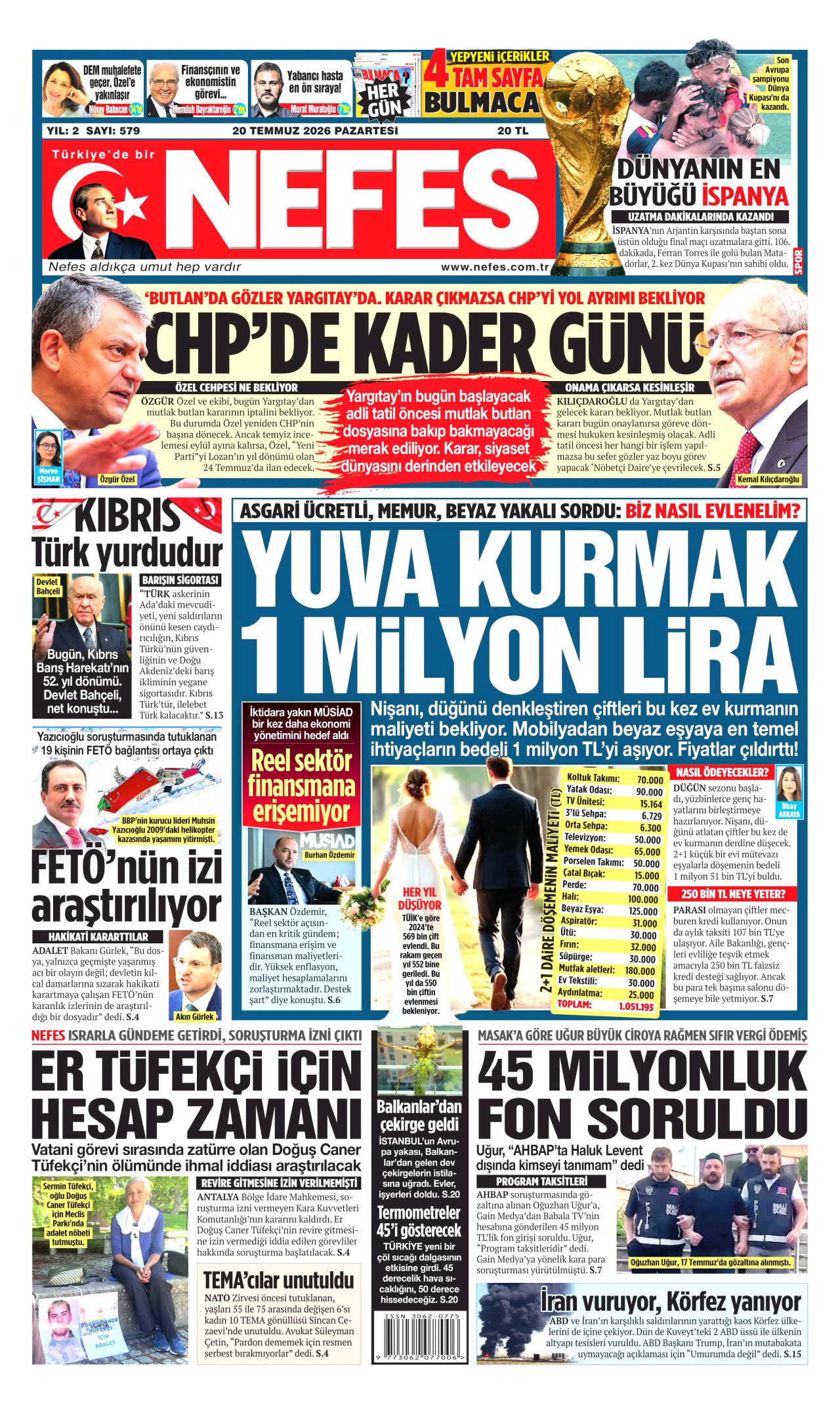 NEFES gazetesinin 20 Temmuz 2026 tarihli birinci sayfası