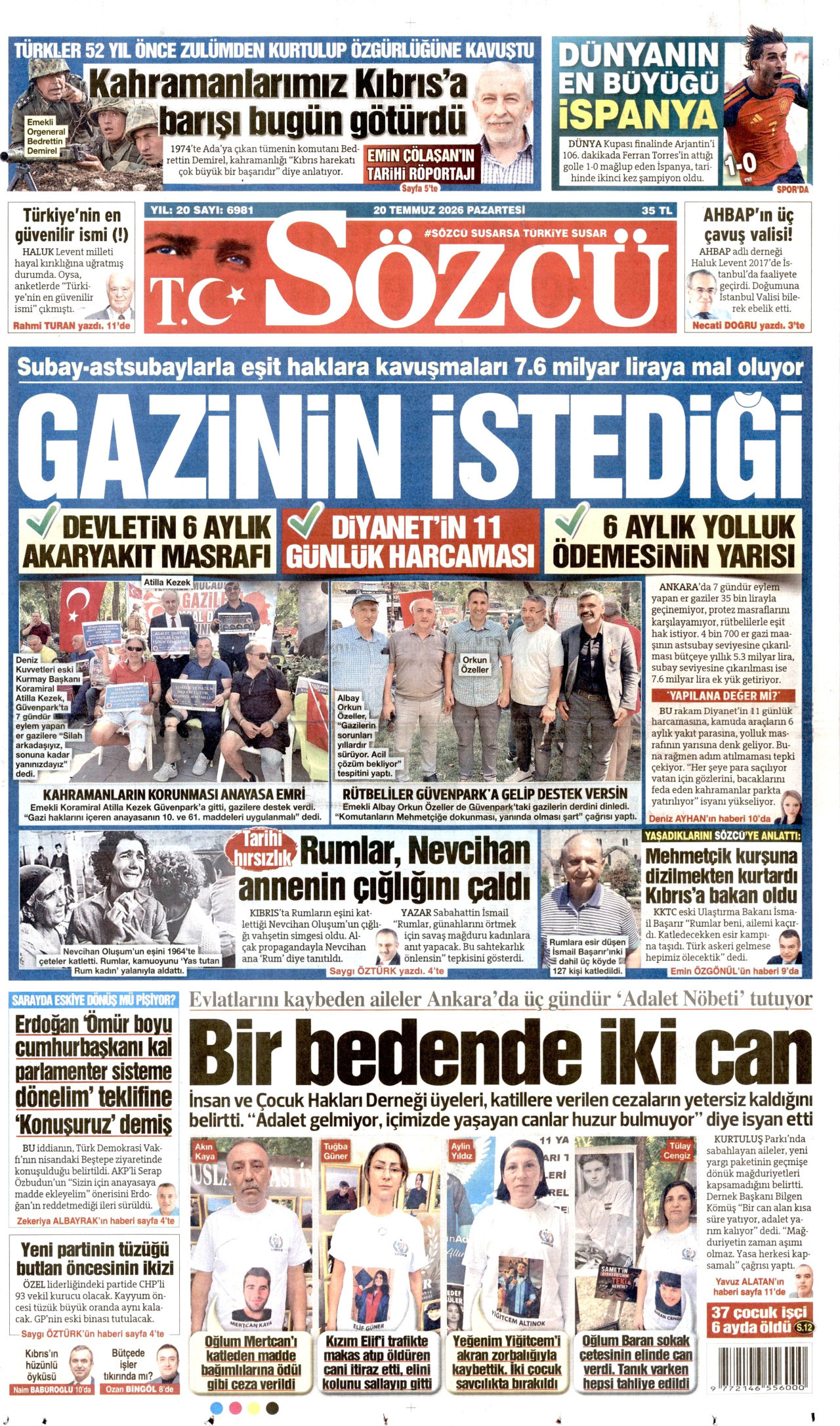 SÖZCÜ gazetesinin 20 Temmuz 2026 tarihli birinci sayfası