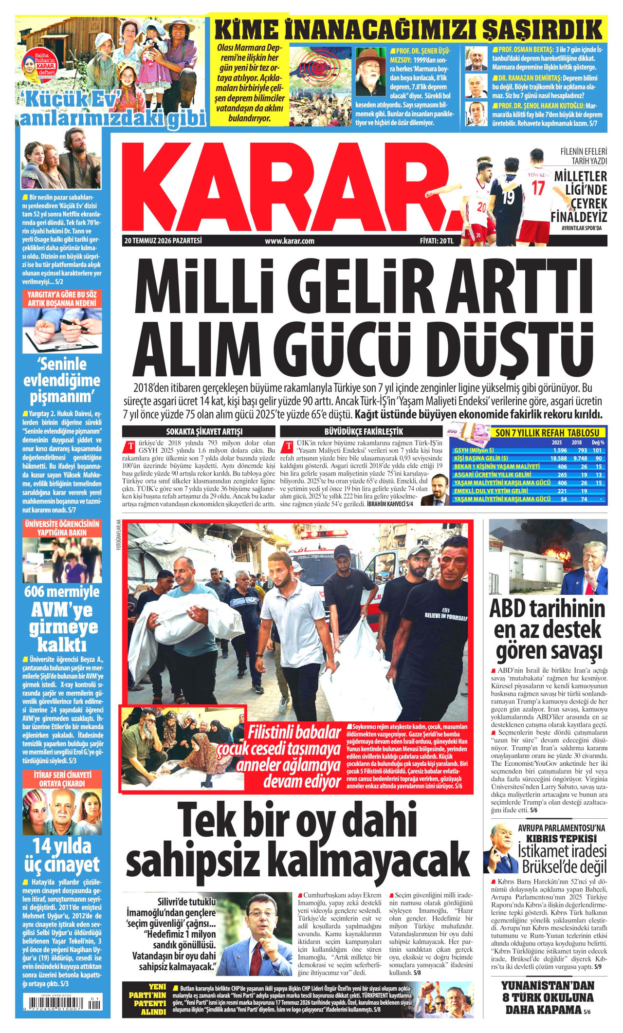 KARAR gazetesinin 20 Temmuz 2026 tarihli birinci sayfası