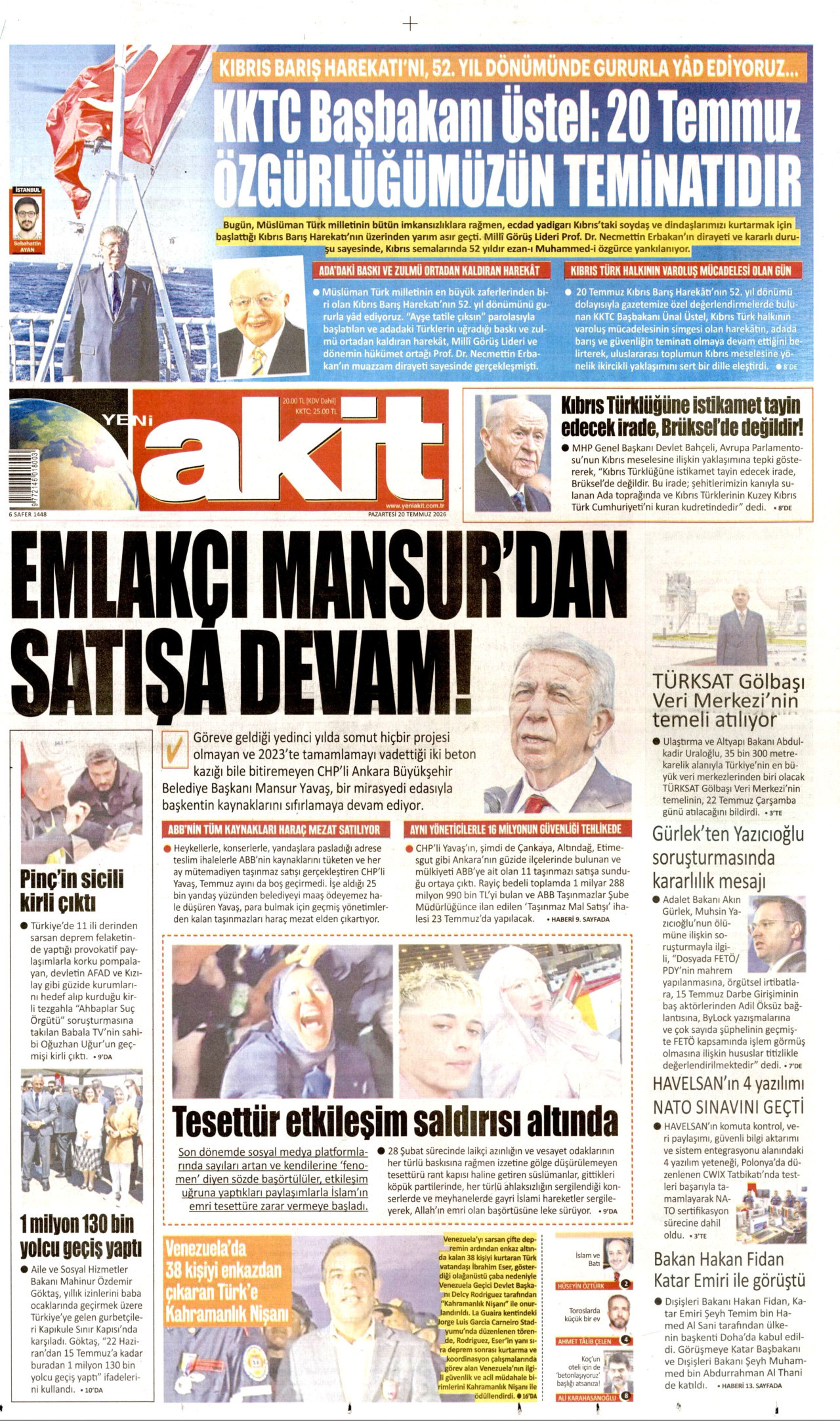 YENİ AKİT gazetesinin 20 Temmuz 2026 tarihli birinci sayfası