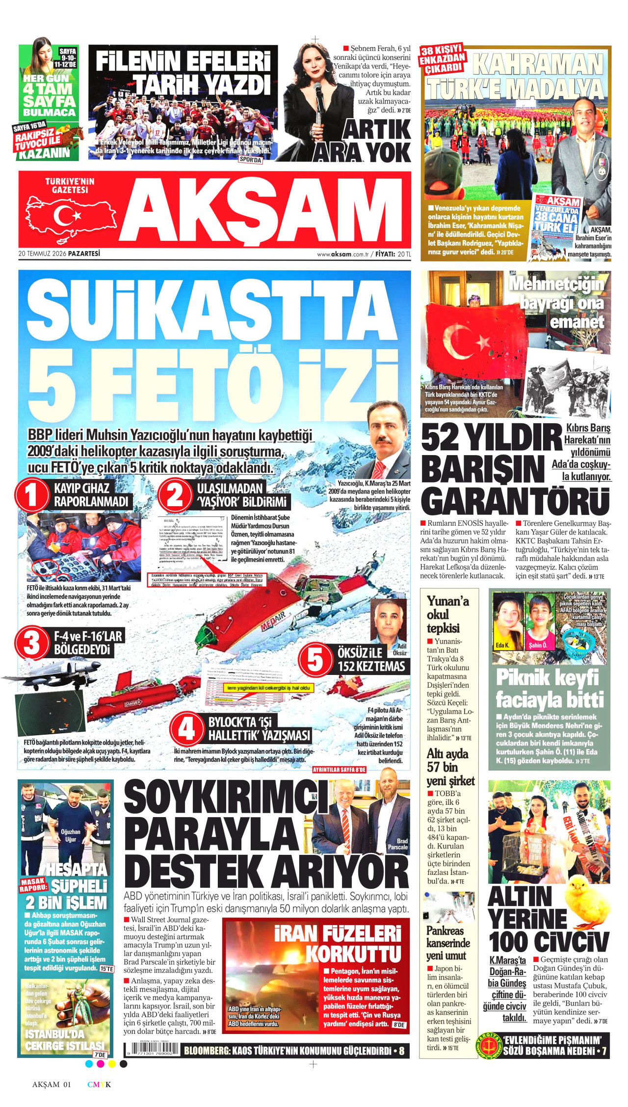 AKŞAM gazetesinin 20 Temmuz 2026 tarihli birinci sayfası