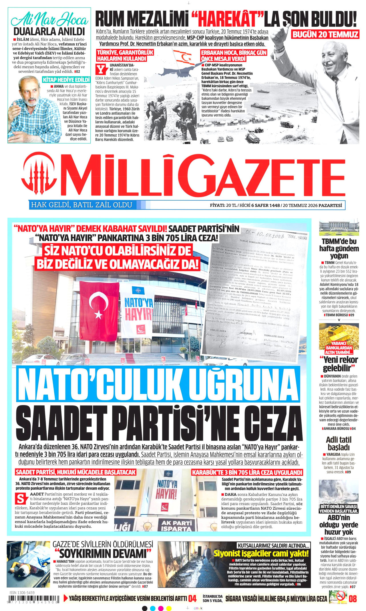 MİLLİ GAZETE gazetesinin 20 Temmuz 2026 tarihli birinci sayfası