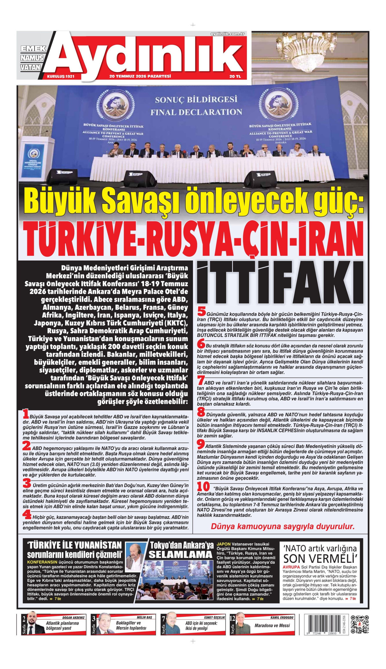 AYDINLIK GAZETESİ gazetesinin 20 Temmuz 2026 tarihli birinci sayfası