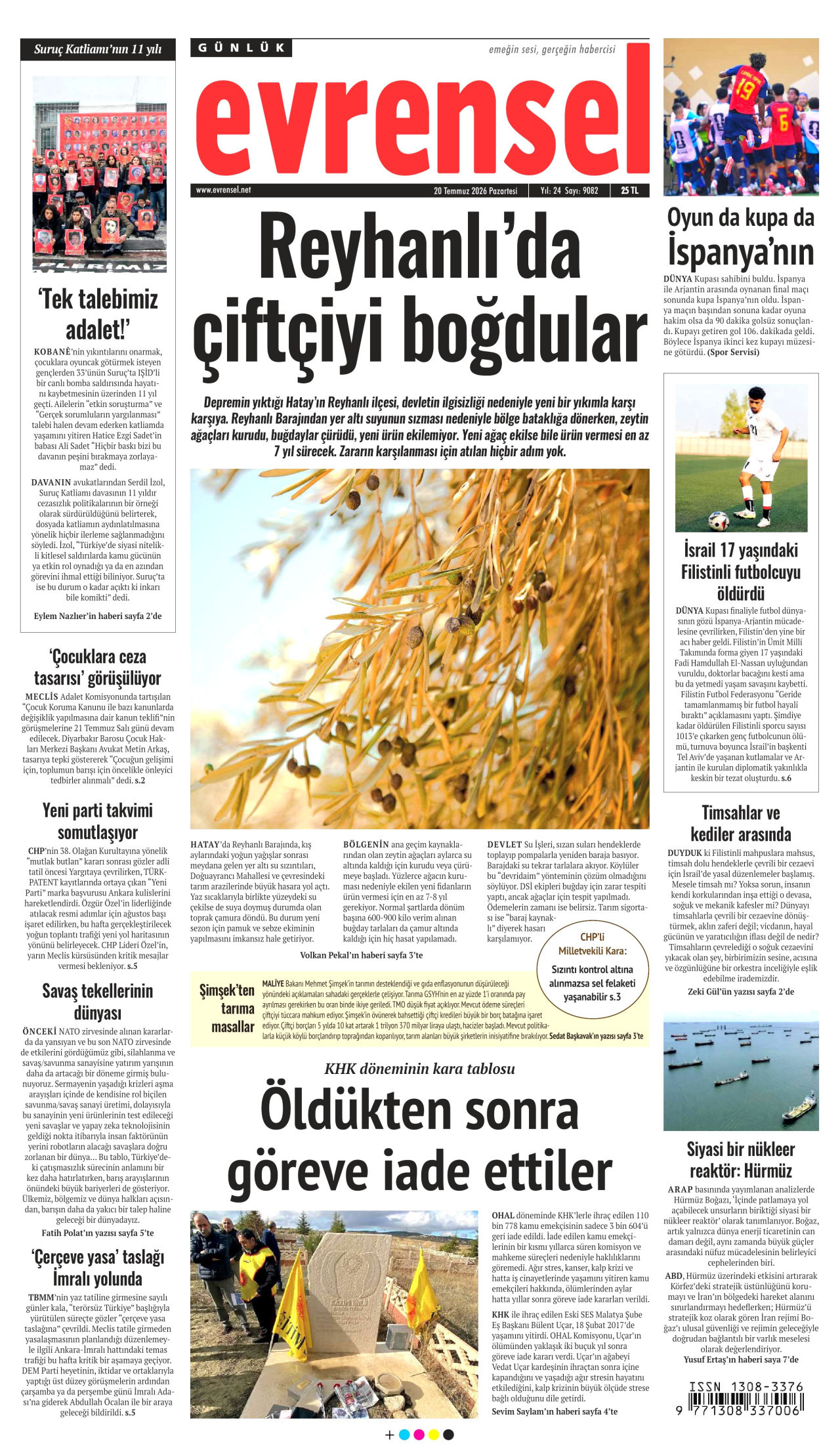 EVRENSEL gazetesinin 20 Temmuz 2026 tarihli birinci sayfası