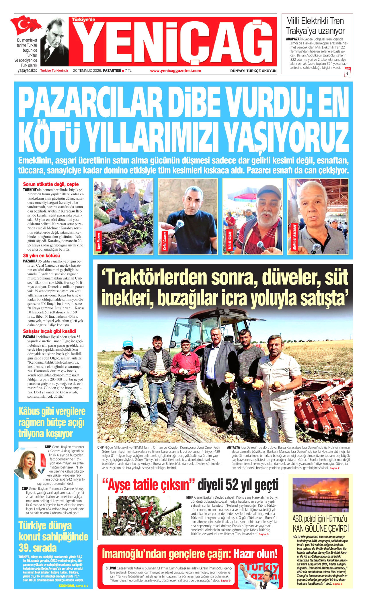 YENİÇAĞ gazetesinin 20 Temmuz 2026 tarihli birinci sayfası