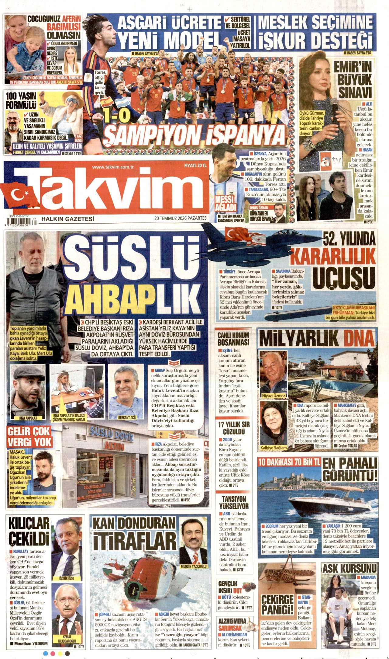 TAKVİM gazetesinin 20 Temmuz 2026 tarihli birinci sayfası