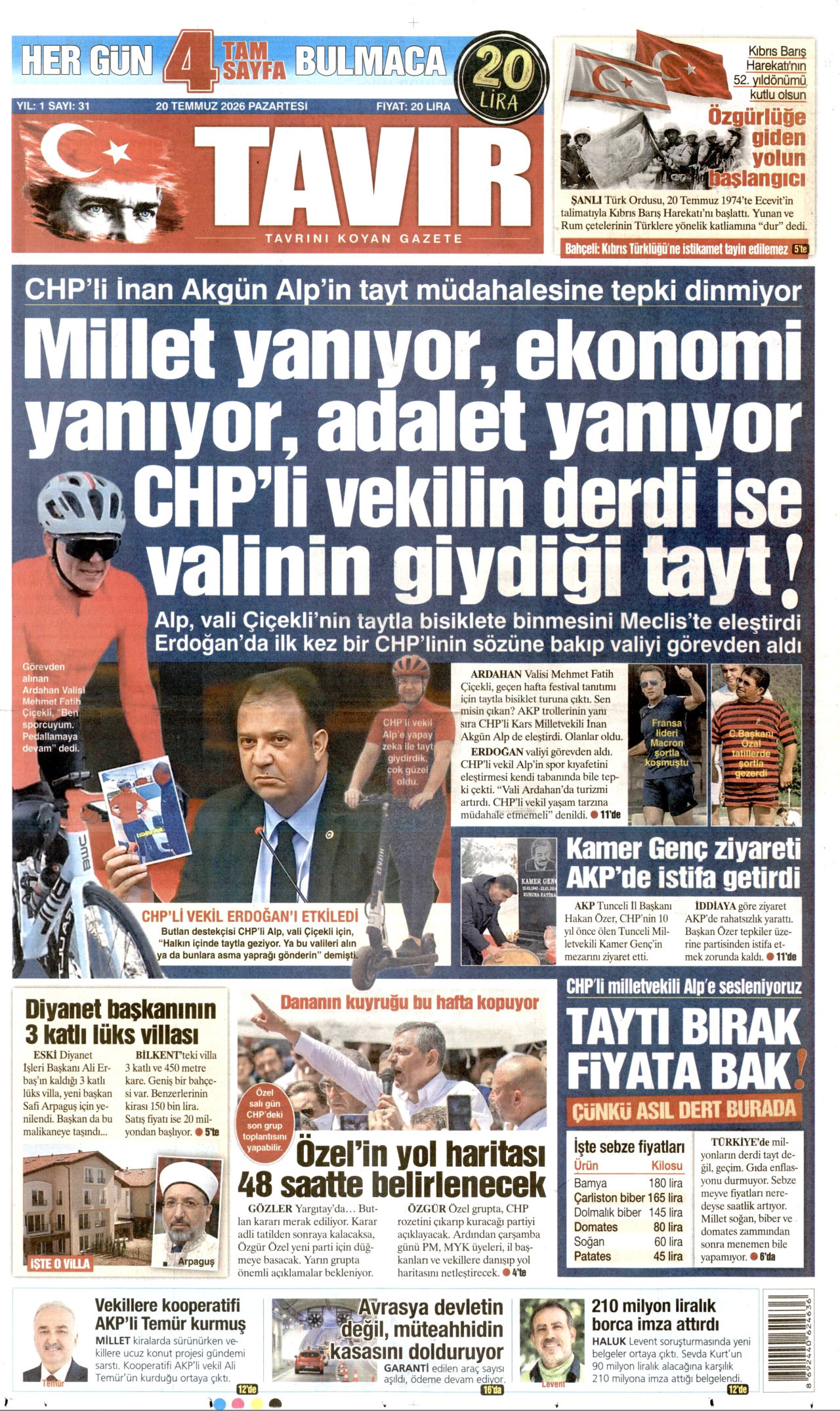 TAVIR GAZETESİ gazetesinin 20 Temmuz 2026 tarihli birinci sayfası
