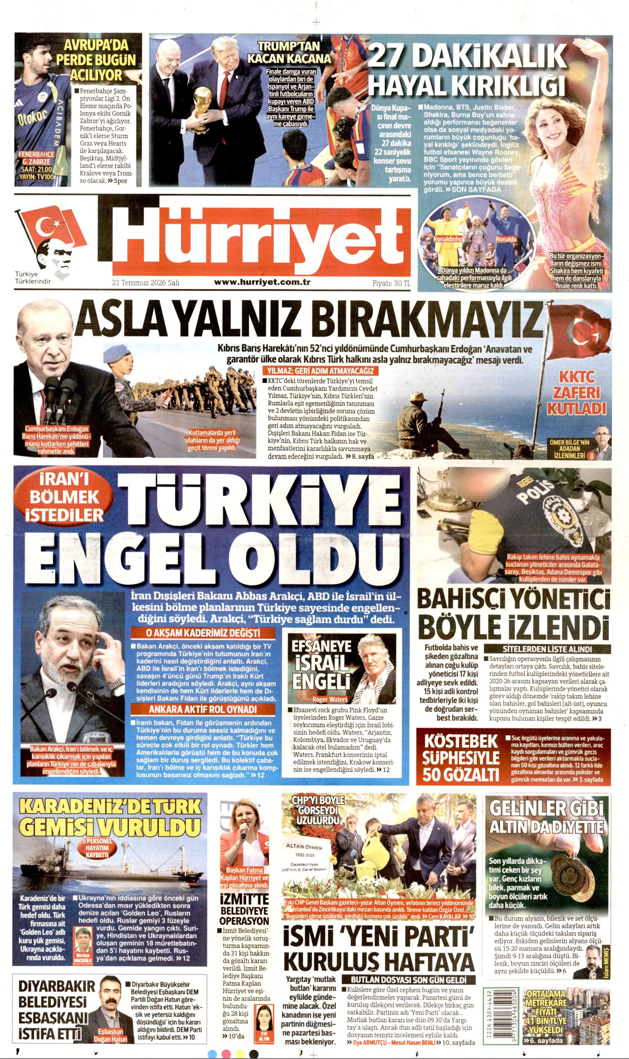 HÜRRİYET gazetesinin 21 Temmuz 2026 tarihli birinci sayfası