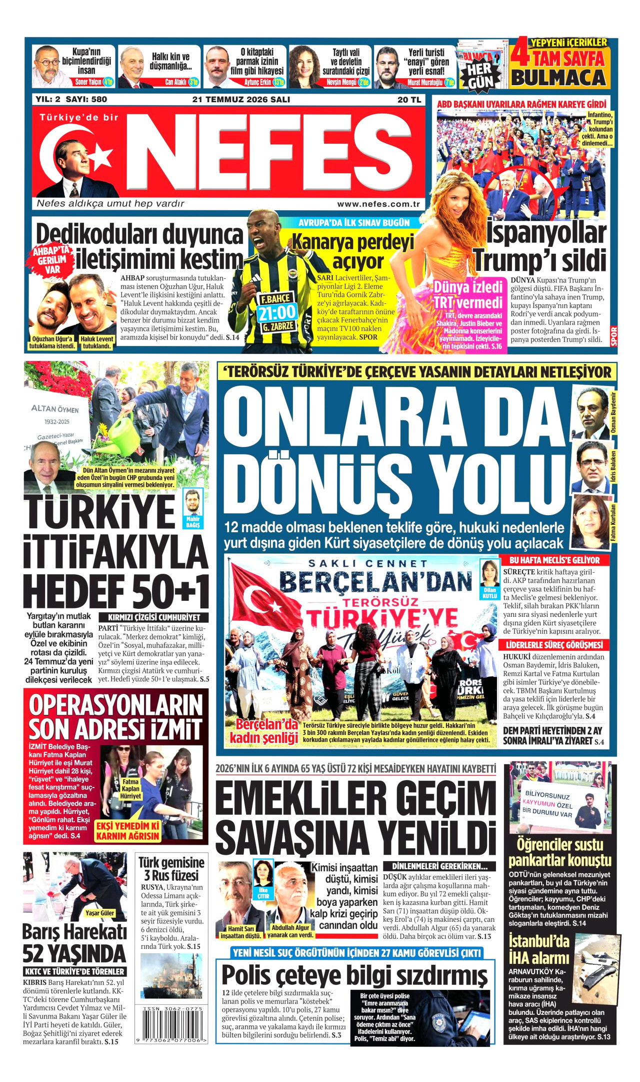 NEFES gazetesinin 21 Temmuz 2026 tarihli birinci sayfası