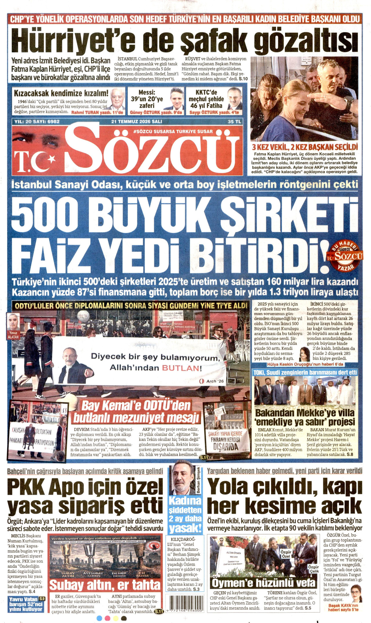 SÖZCÜ gazetesinin 21 Temmuz 2026 tarihli birinci sayfası