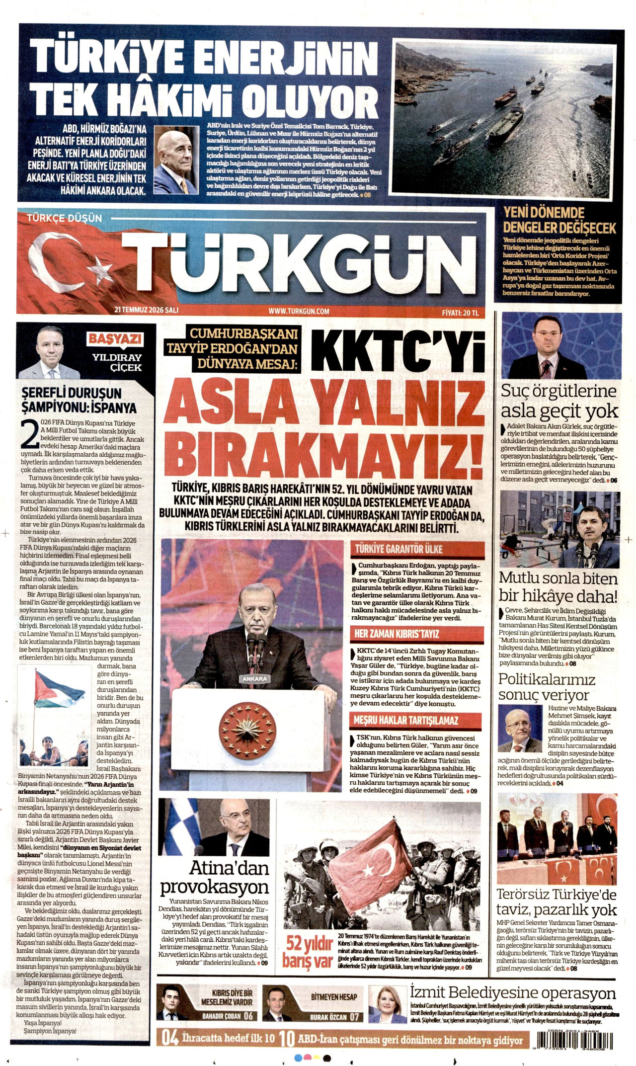 TÜRKGÜN gazetesinin 21 Temmuz 2026 tarihli birinci sayfası