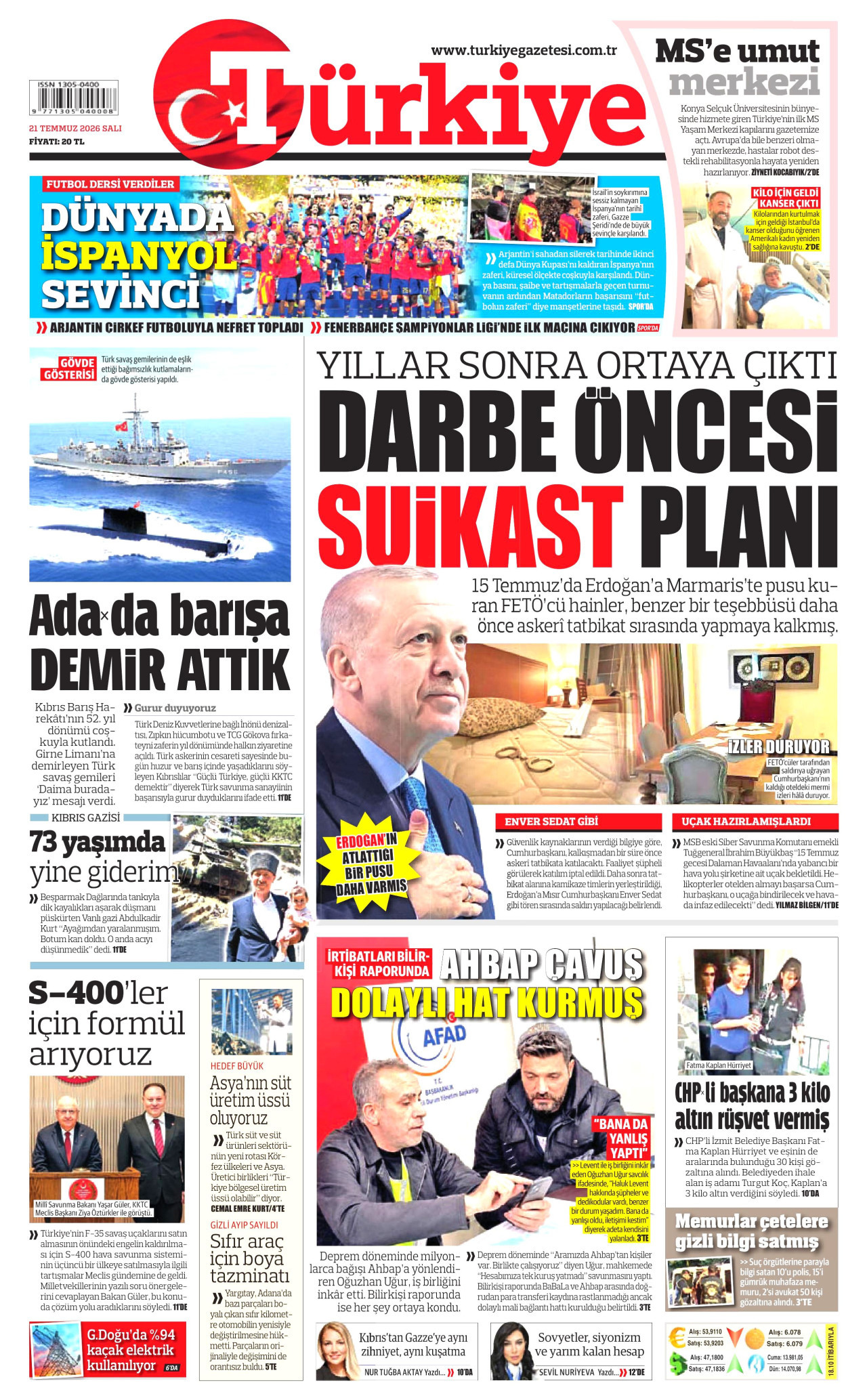 TÜRKİYE GAZETESİ gazetesinin 21 Temmuz 2026 tarihli birinci sayfası