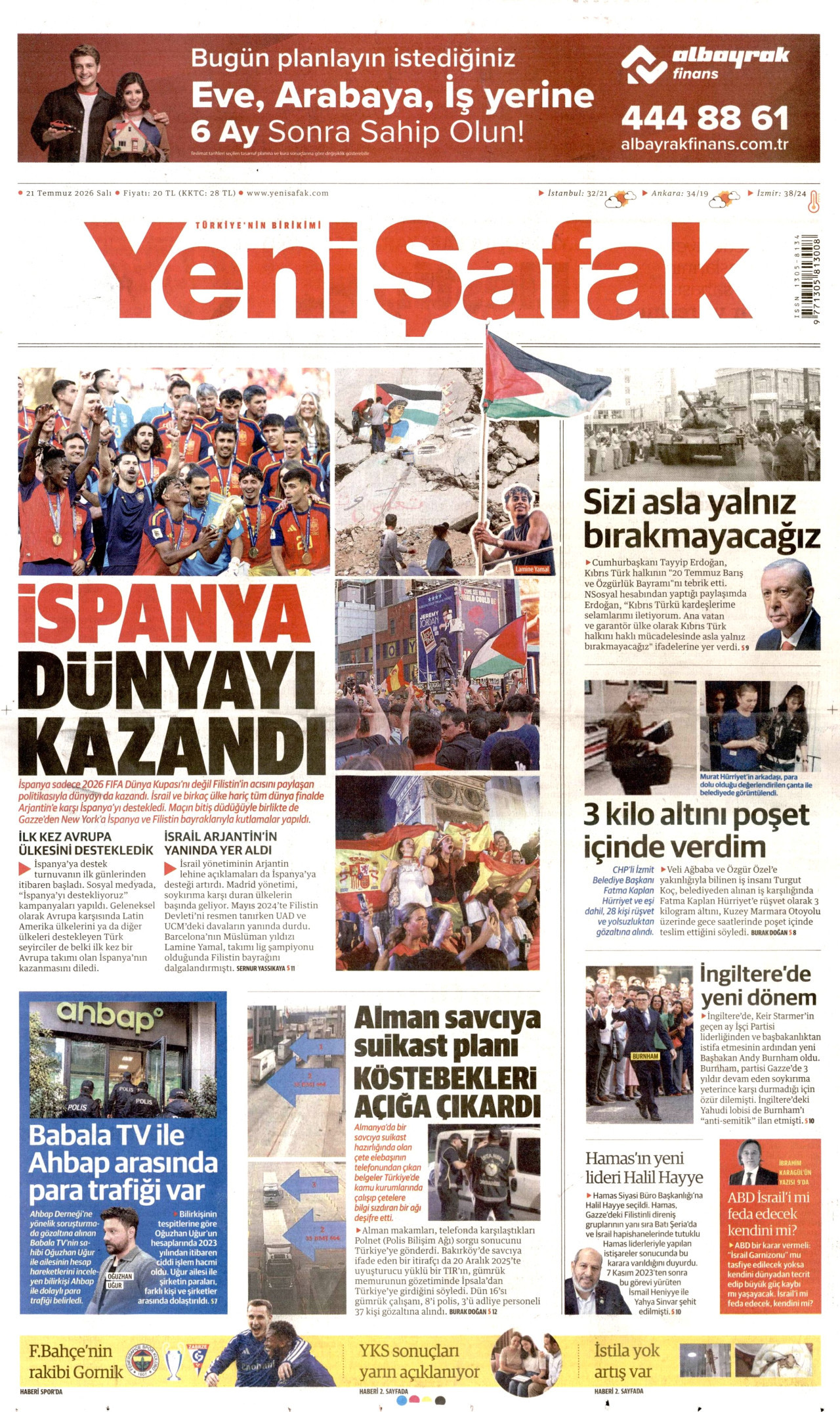 YENİ ŞAFAK gazetesinin 21 Temmuz 2026 tarihli birinci sayfası