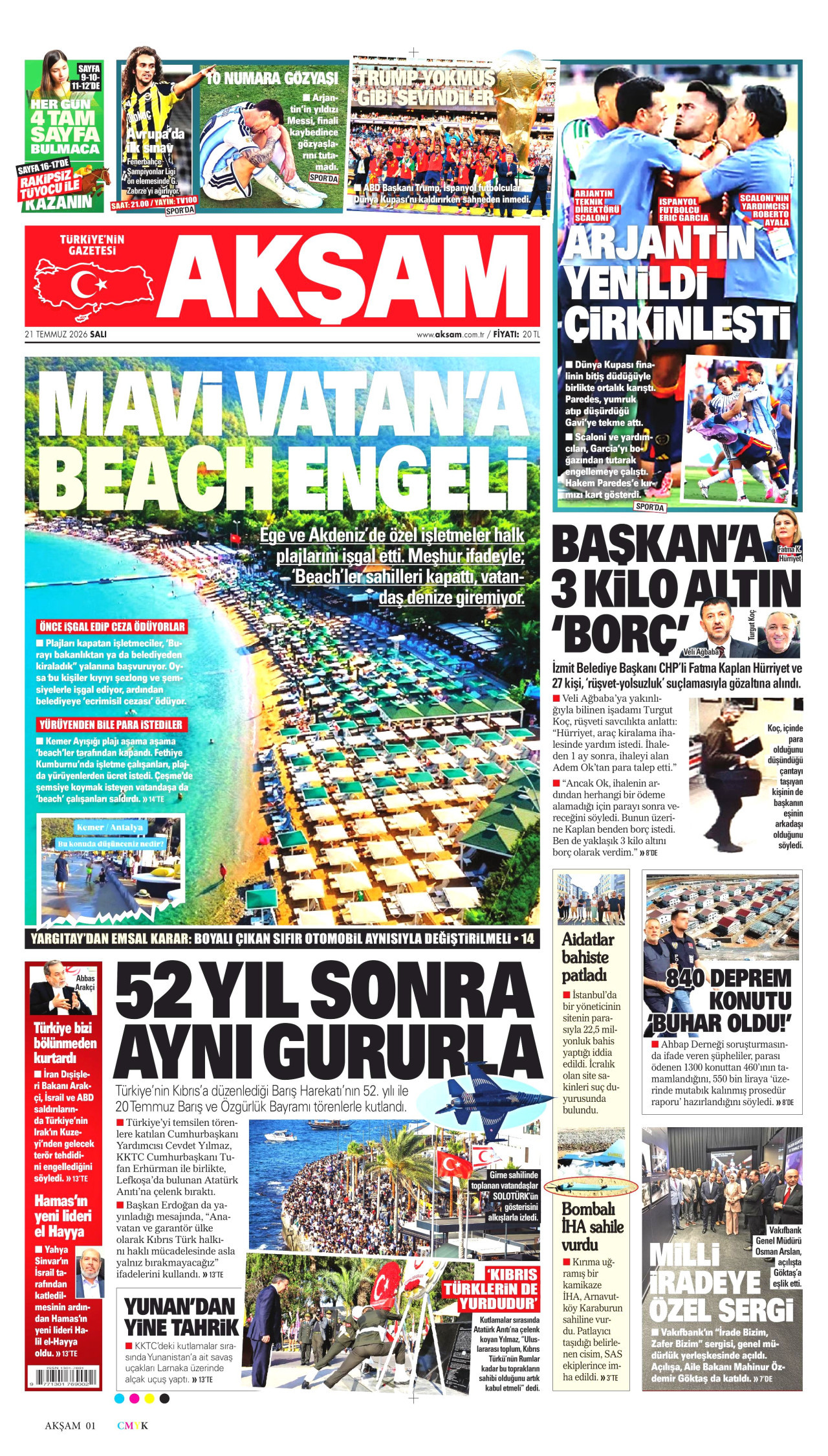 AKŞAM gazetesinin 21 Temmuz 2026 tarihli birinci sayfası