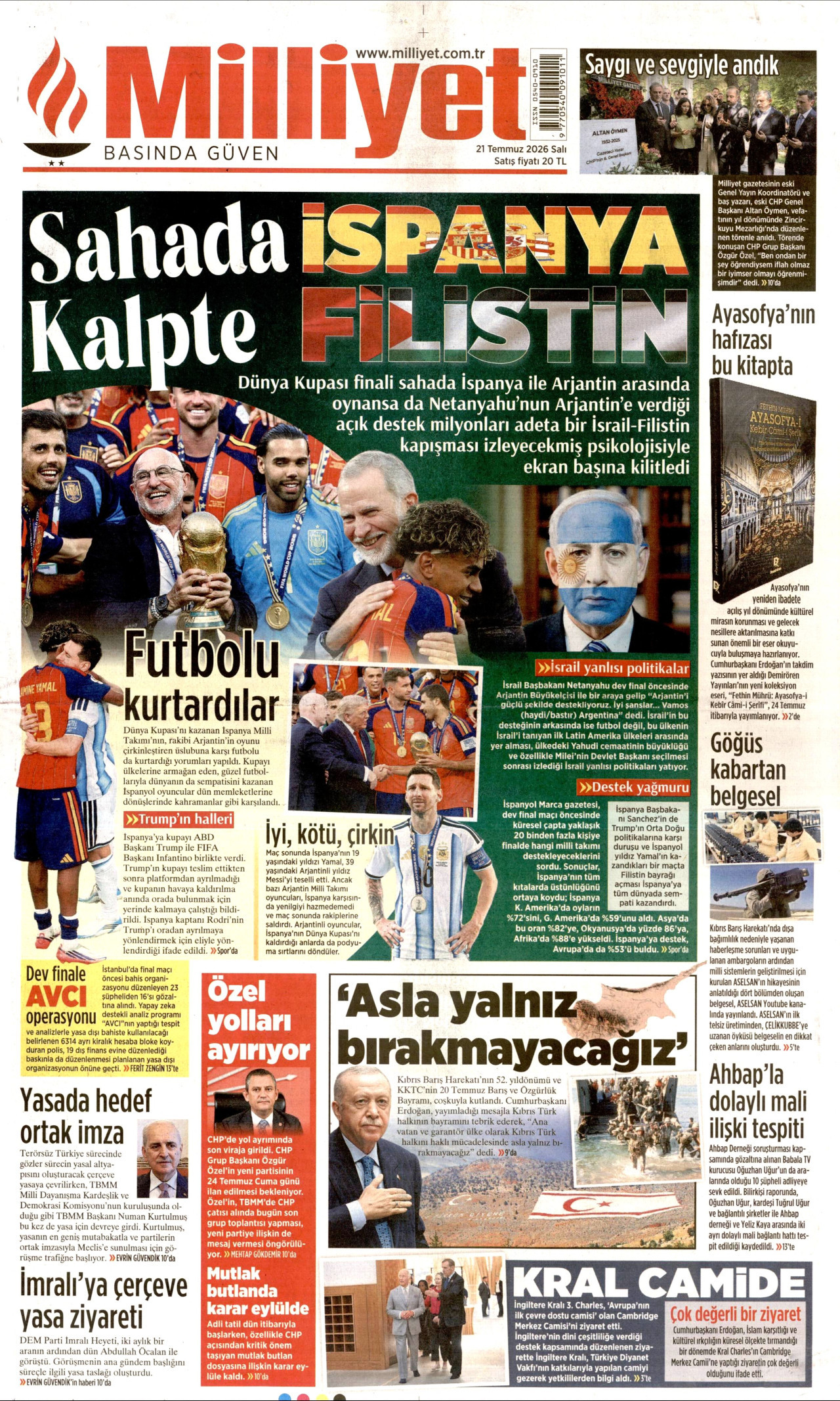 MİLLİYET gazetesinin 21 Temmuz 2026 tarihli birinci sayfası
