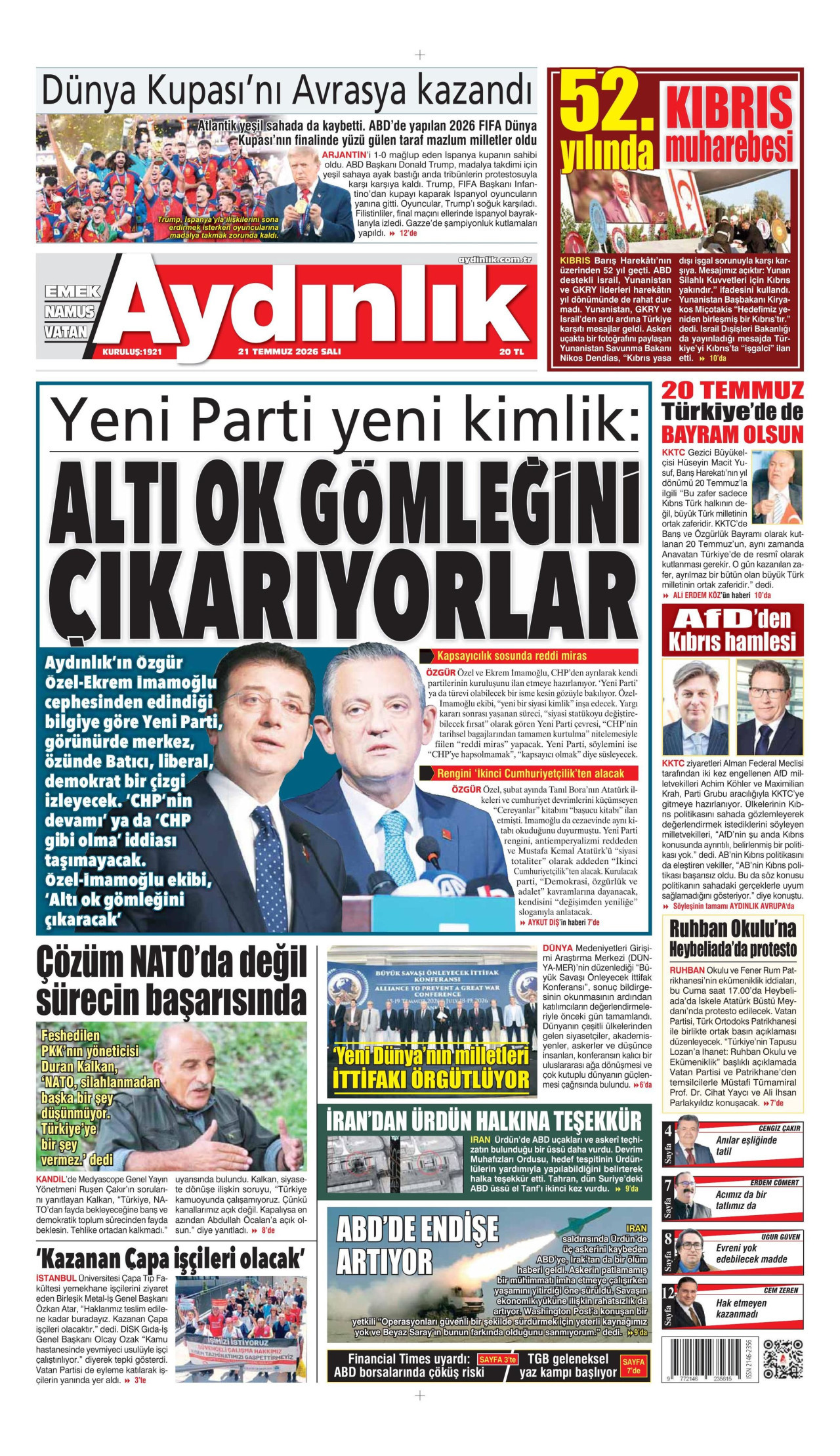 AYDINLIK GAZETESİ gazetesinin 21 Temmuz 2026 tarihli birinci sayfası