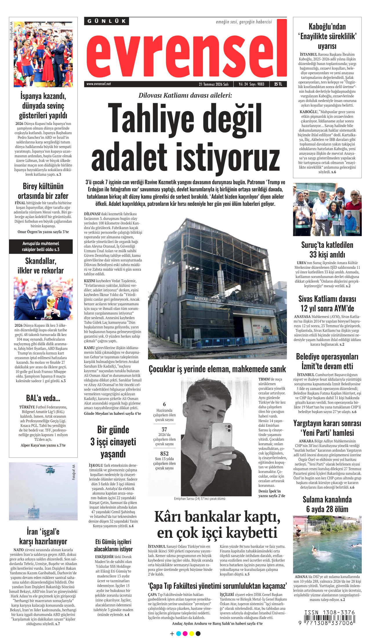 EVRENSEL gazetesinin 21 Temmuz 2026 tarihli birinci sayfası