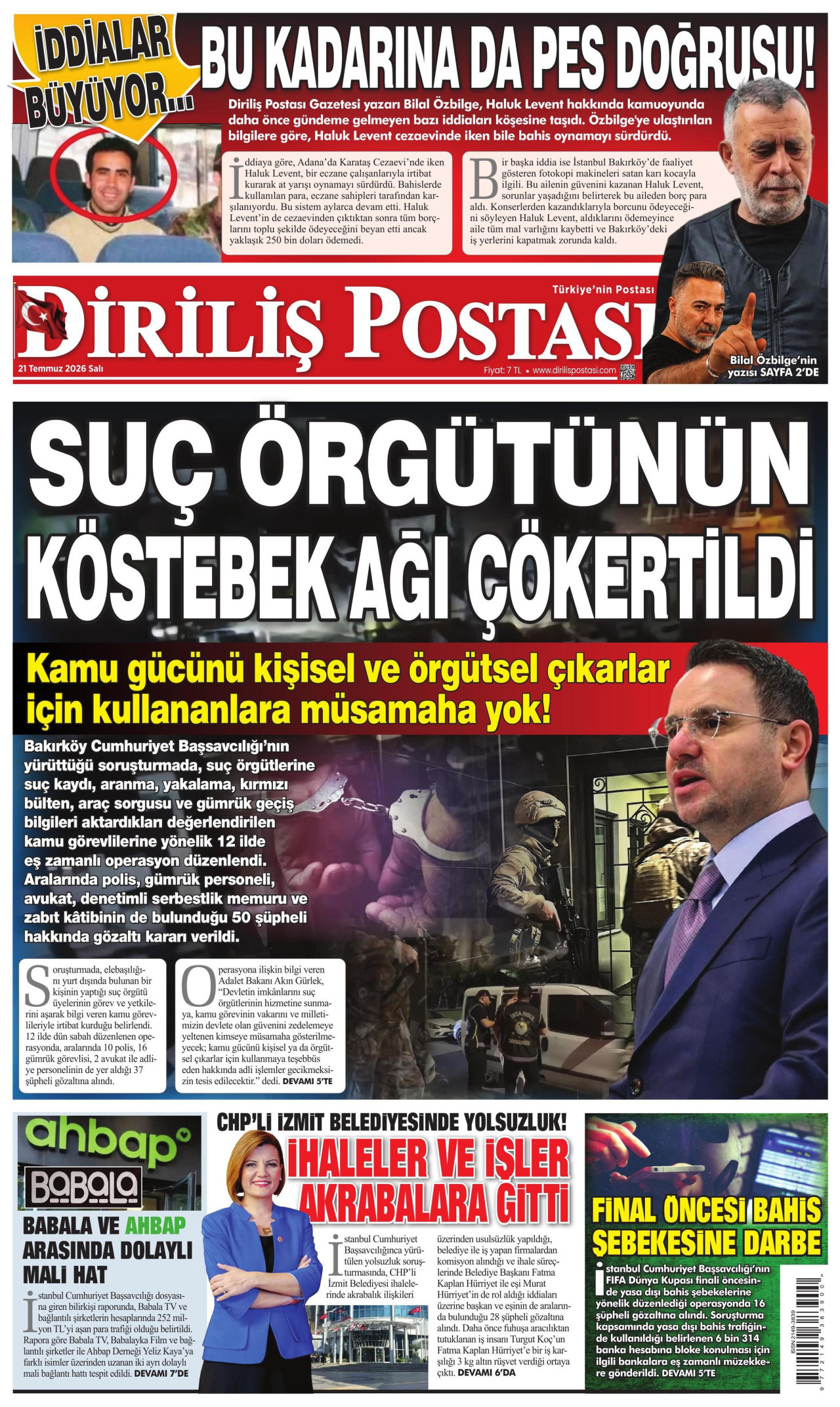 DİRİLİŞ POSTASI gazetesinin 21 Temmuz 2026 tarihli birinci sayfası