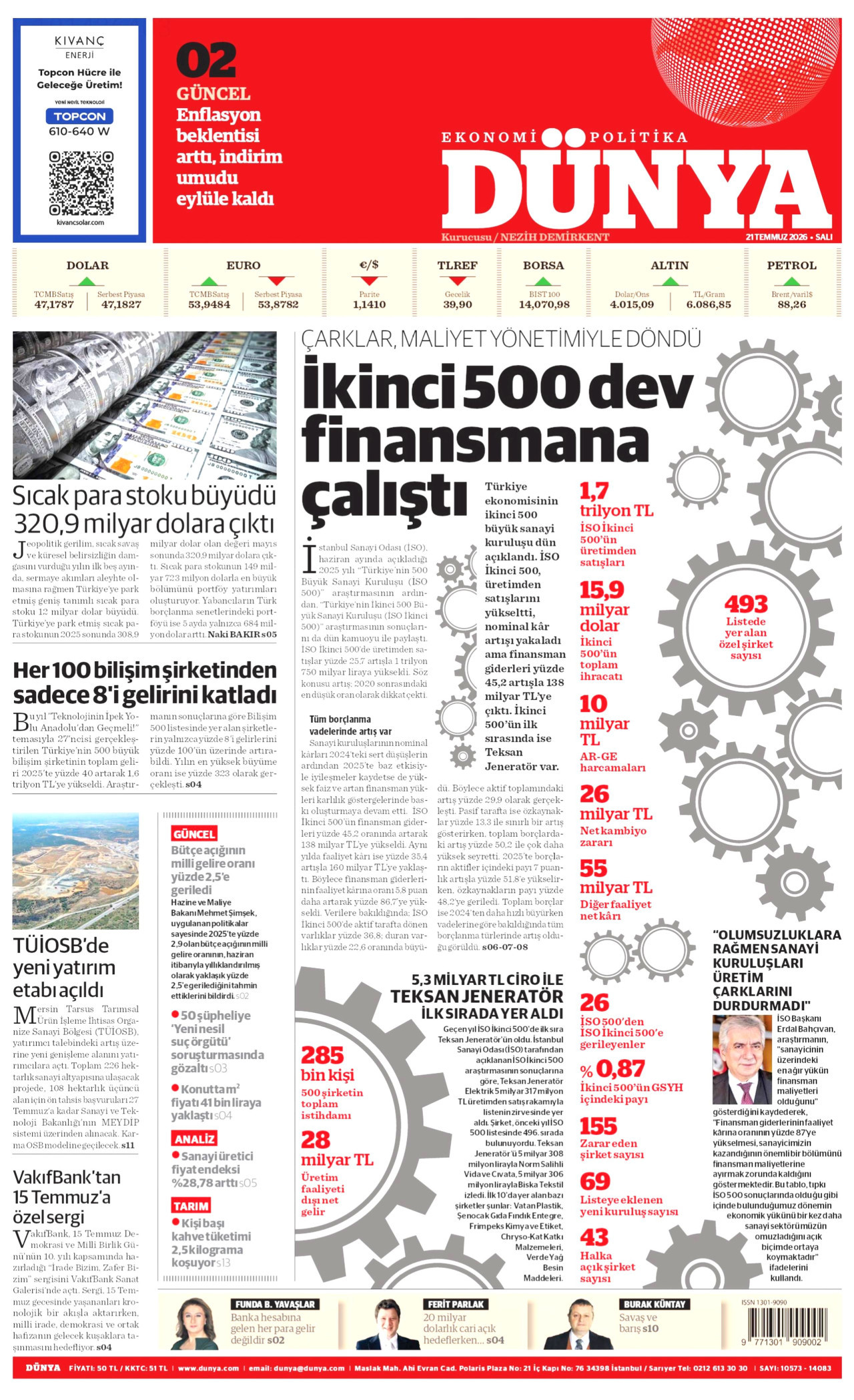 DÜNYA gazetesinin 21 Temmuz 2026 tarihli birinci sayfası