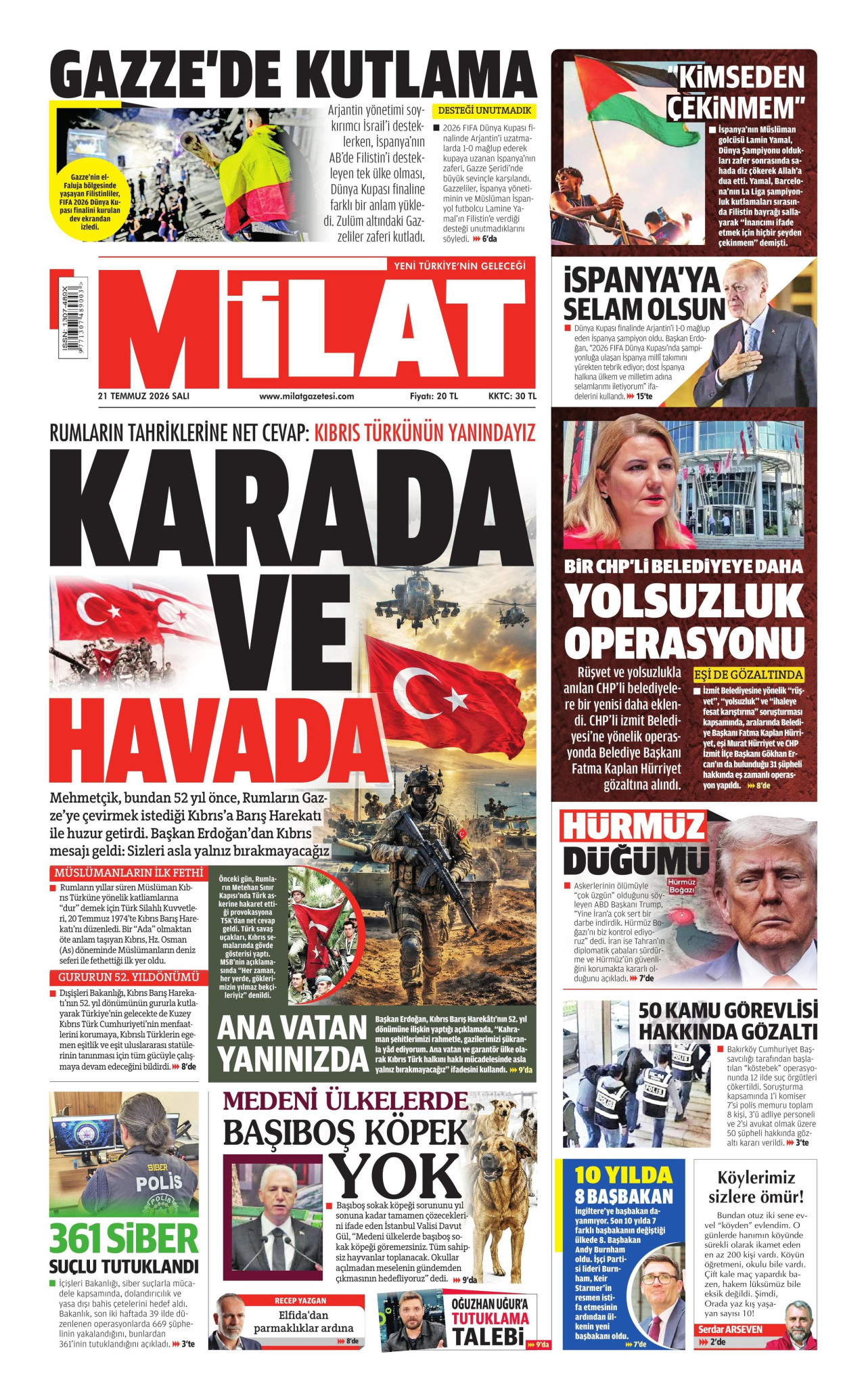MİLAT gazetesinin 21 Temmuz 2026 tarihli birinci sayfası