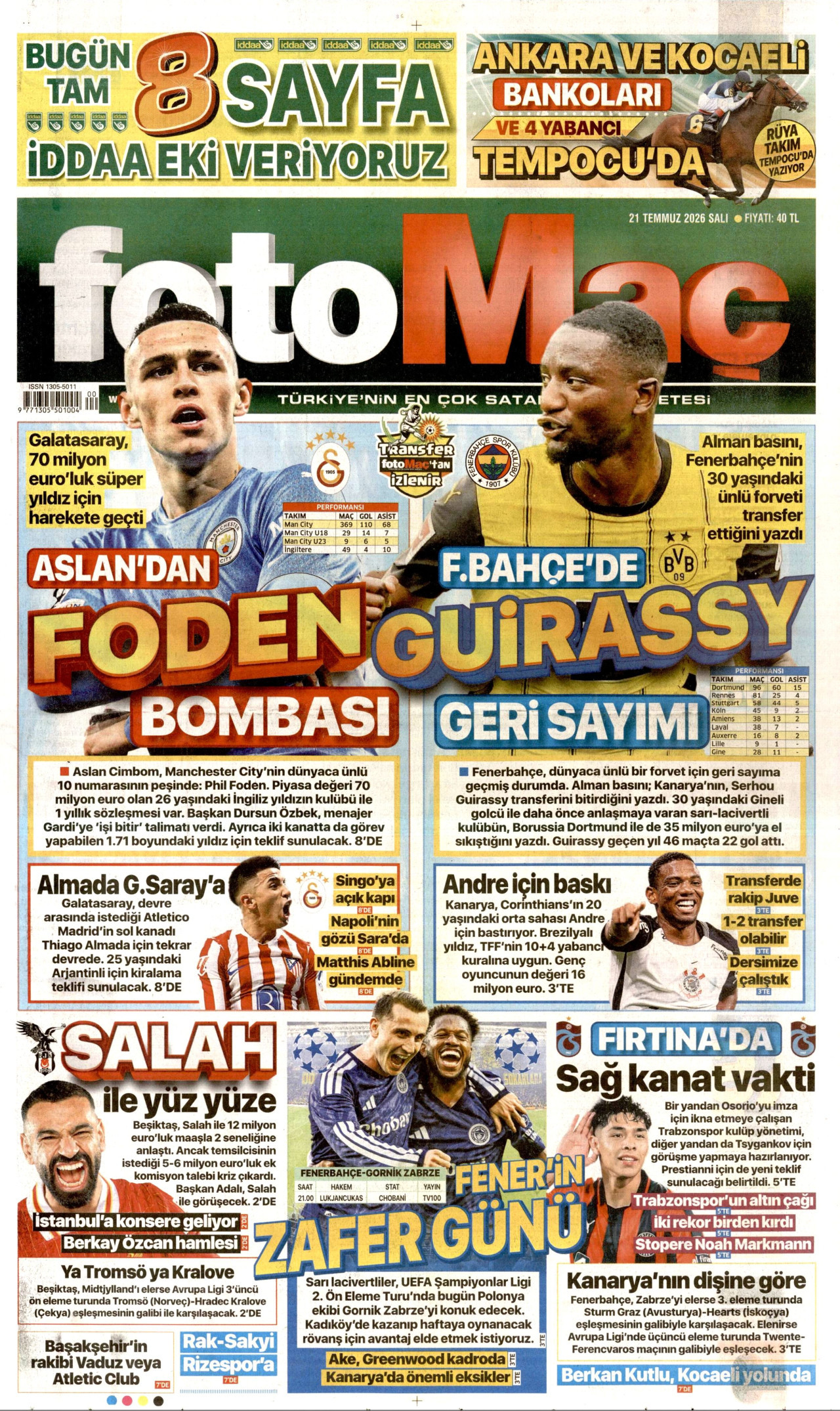 FOTOMAÇ gazetesinin 21 Temmuz 2026 tarihli birinci sayfası