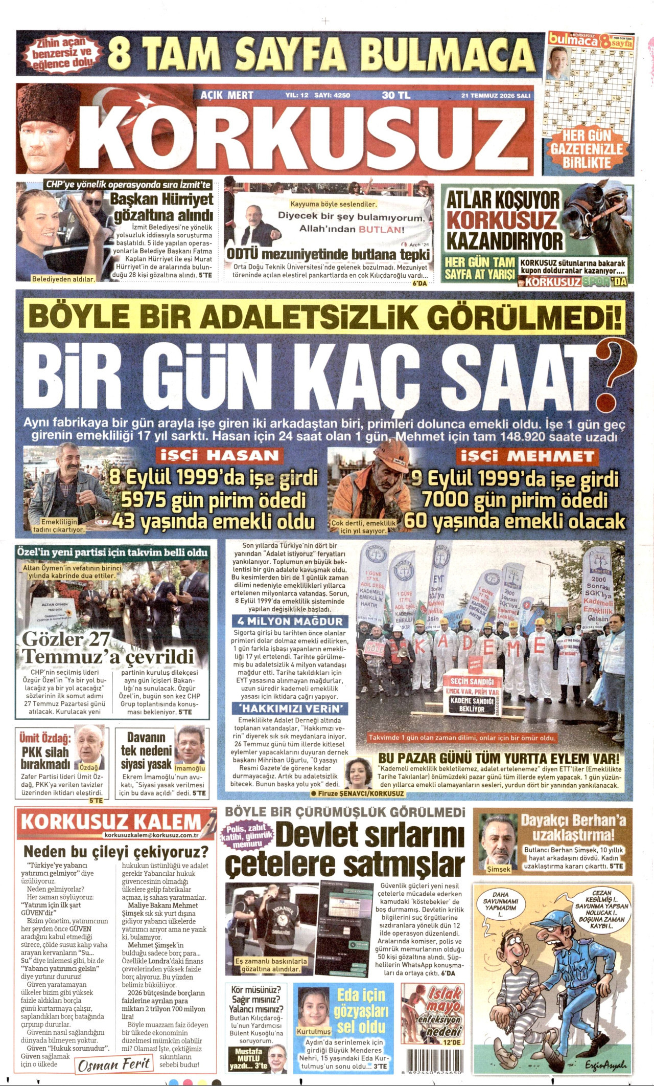 KORKUSUZ gazetesinin 21 Temmuz 2026 tarihli birinci sayfası