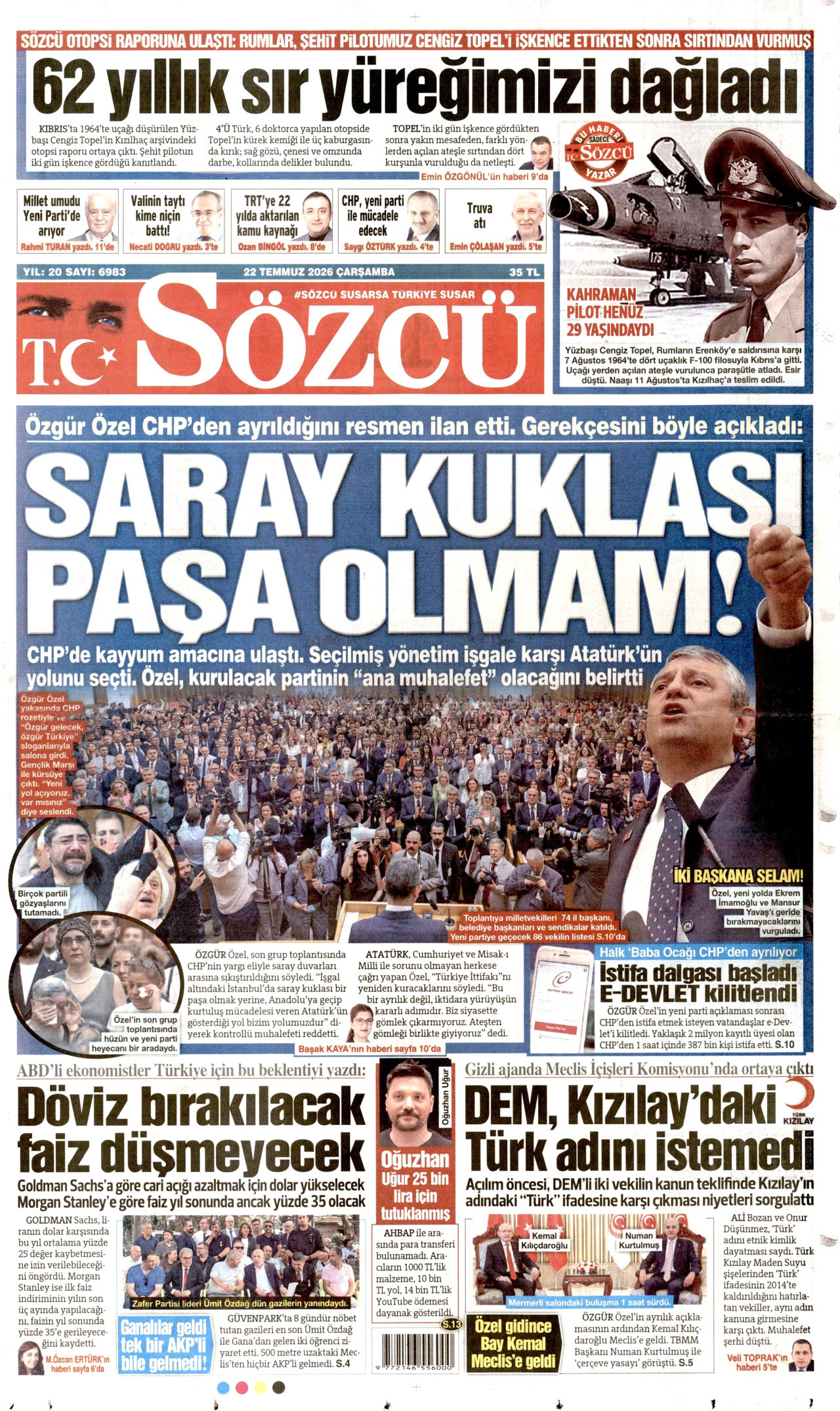 SÖZCÜ gazetesinin 22 Temmuz 2026 tarihli birinci sayfası