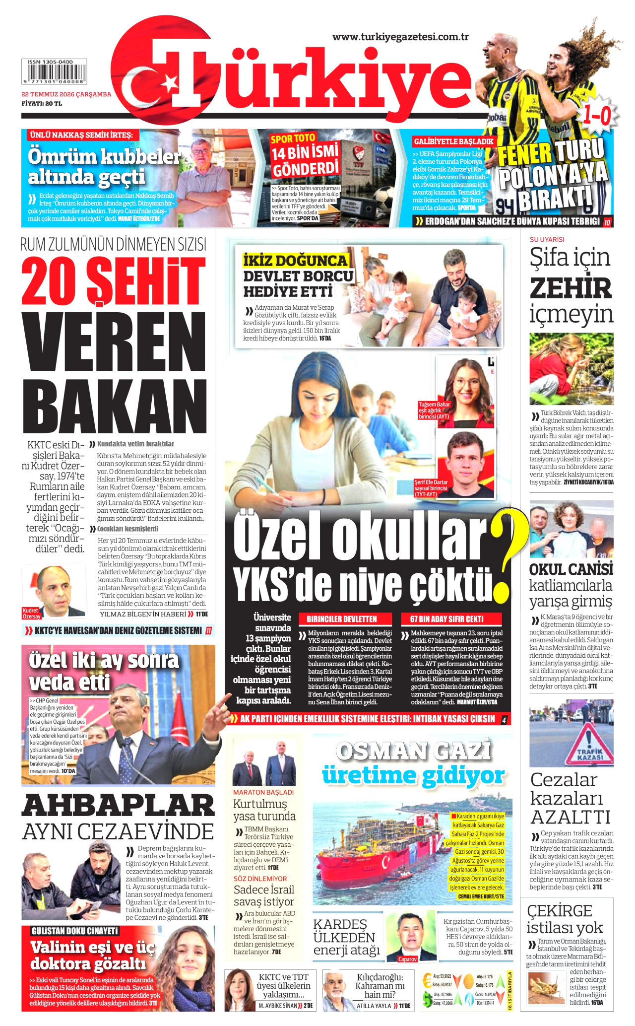 TÜRKİYE GAZETESİ gazetesinin 22 Temmuz 2026 tarihli birinci sayfası