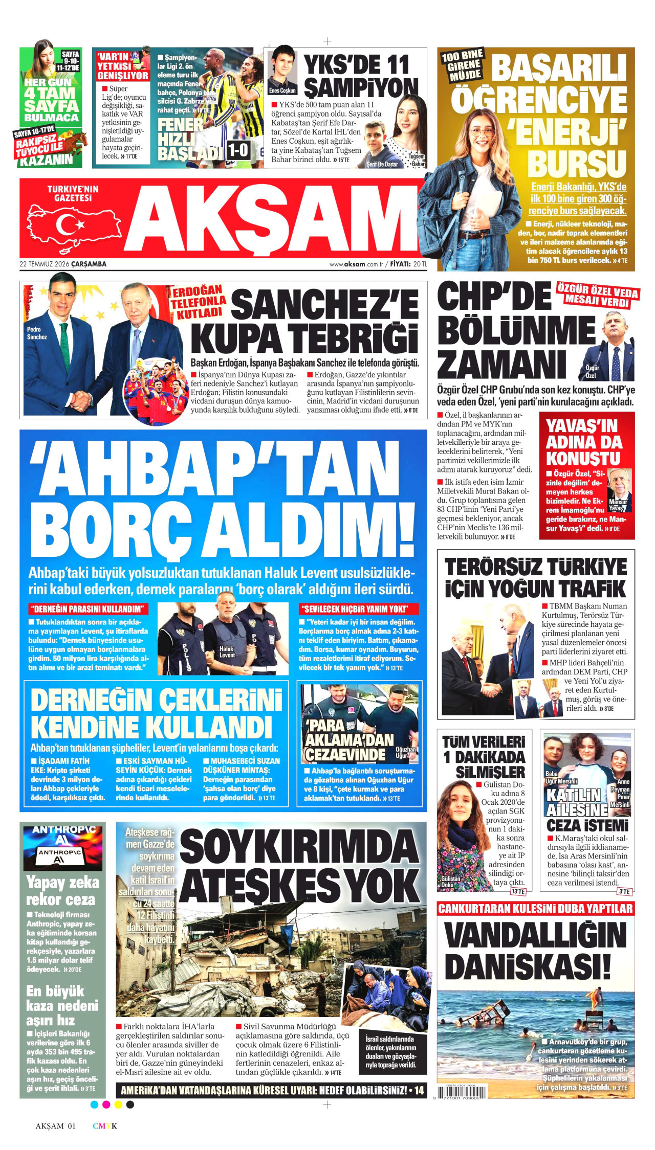 AKŞAM gazetesinin 22 Temmuz 2026 tarihli birinci sayfası