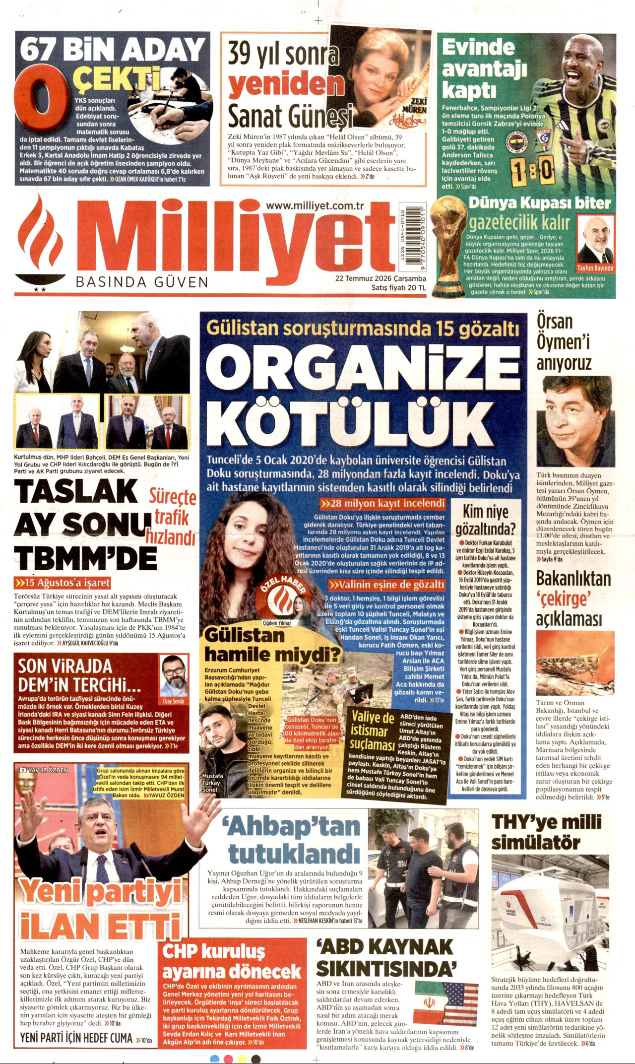 MİLLİYET gazetesinin 22 Temmuz 2026 tarihli birinci sayfası