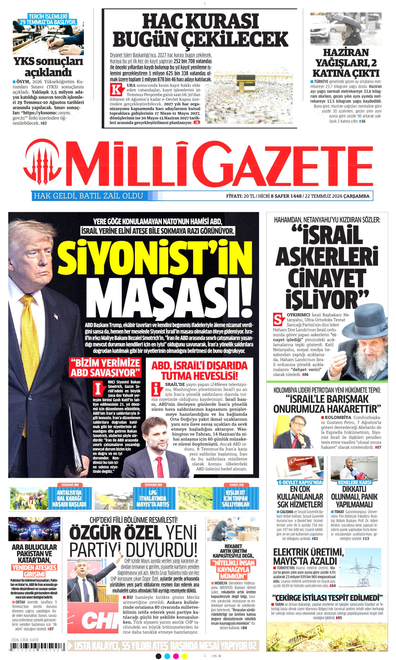 MİLLİ GAZETE gazetesinin 22 Temmuz 2026 tarihli birinci sayfası