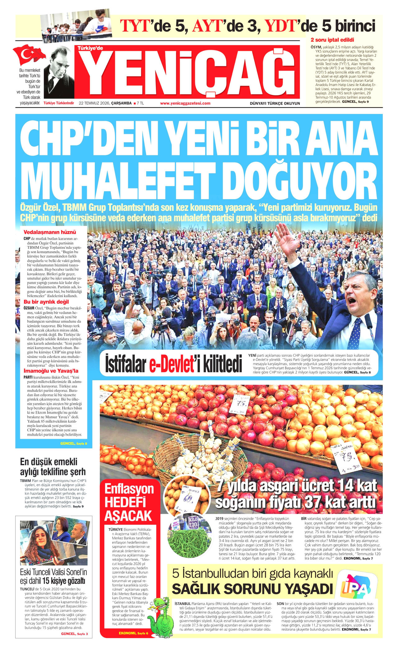 YENİÇAĞ gazetesinin 22 Temmuz 2026 tarihli birinci sayfası