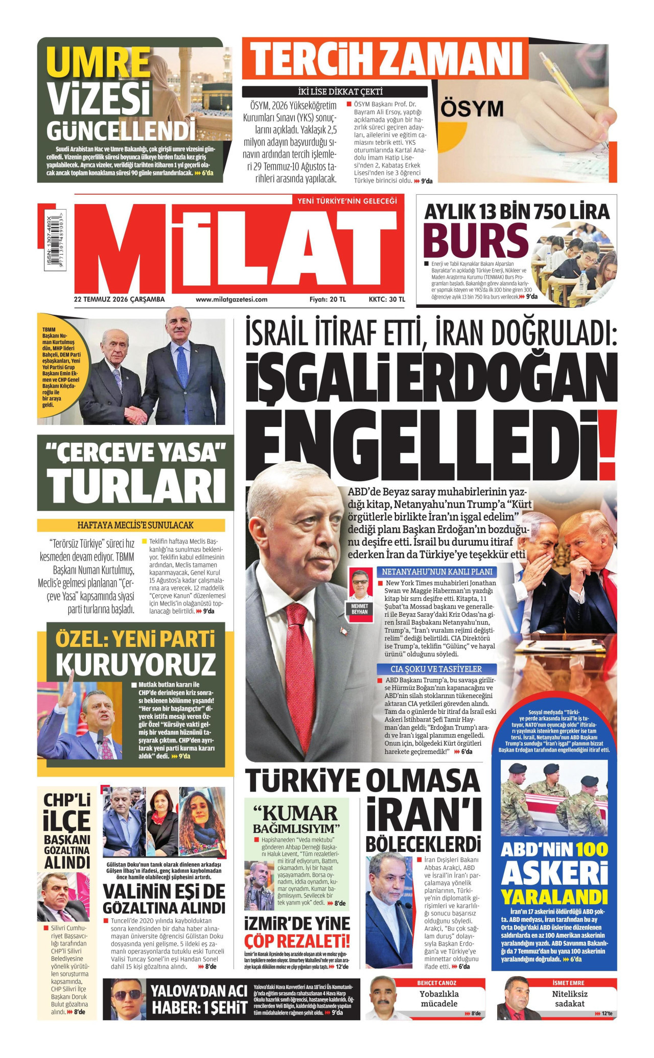 MİLAT gazetesinin 22 Temmuz 2026 tarihli birinci sayfası