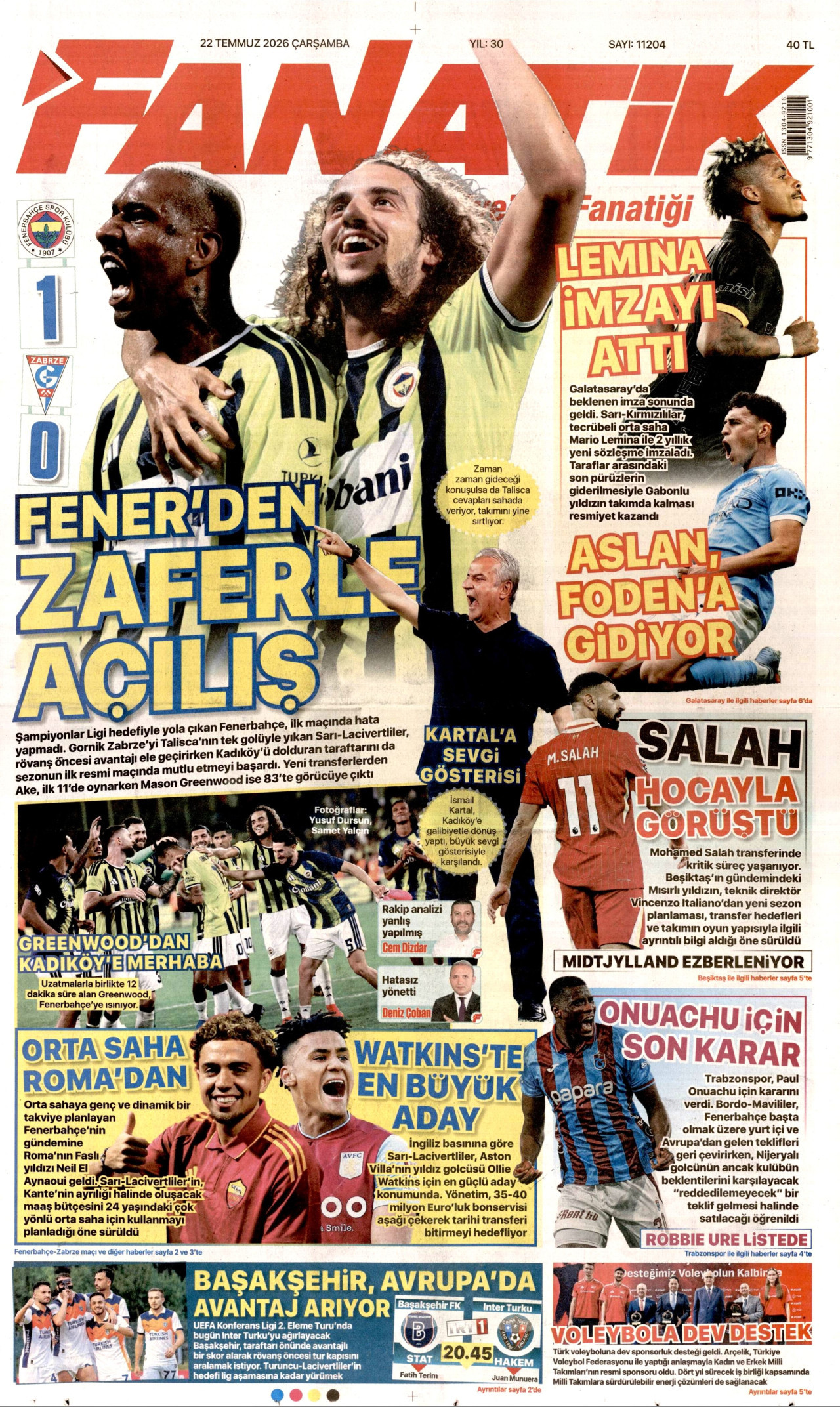 FANATİK gazetesinin 22 Temmuz 2026 tarihli birinci sayfası